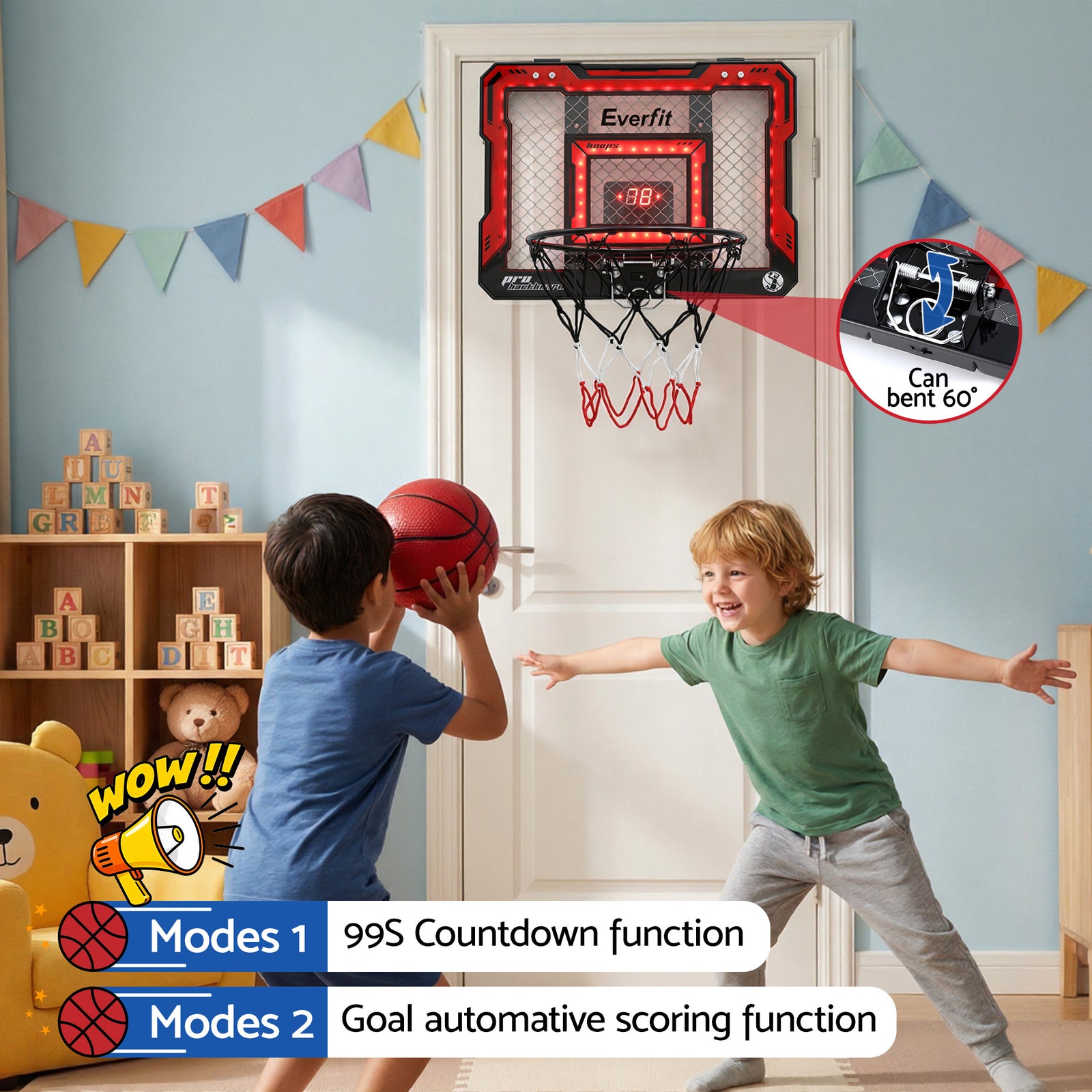 Mini Basketball Hoop Over Door Indoor LED Scoreboard Kids Set 40x30cm