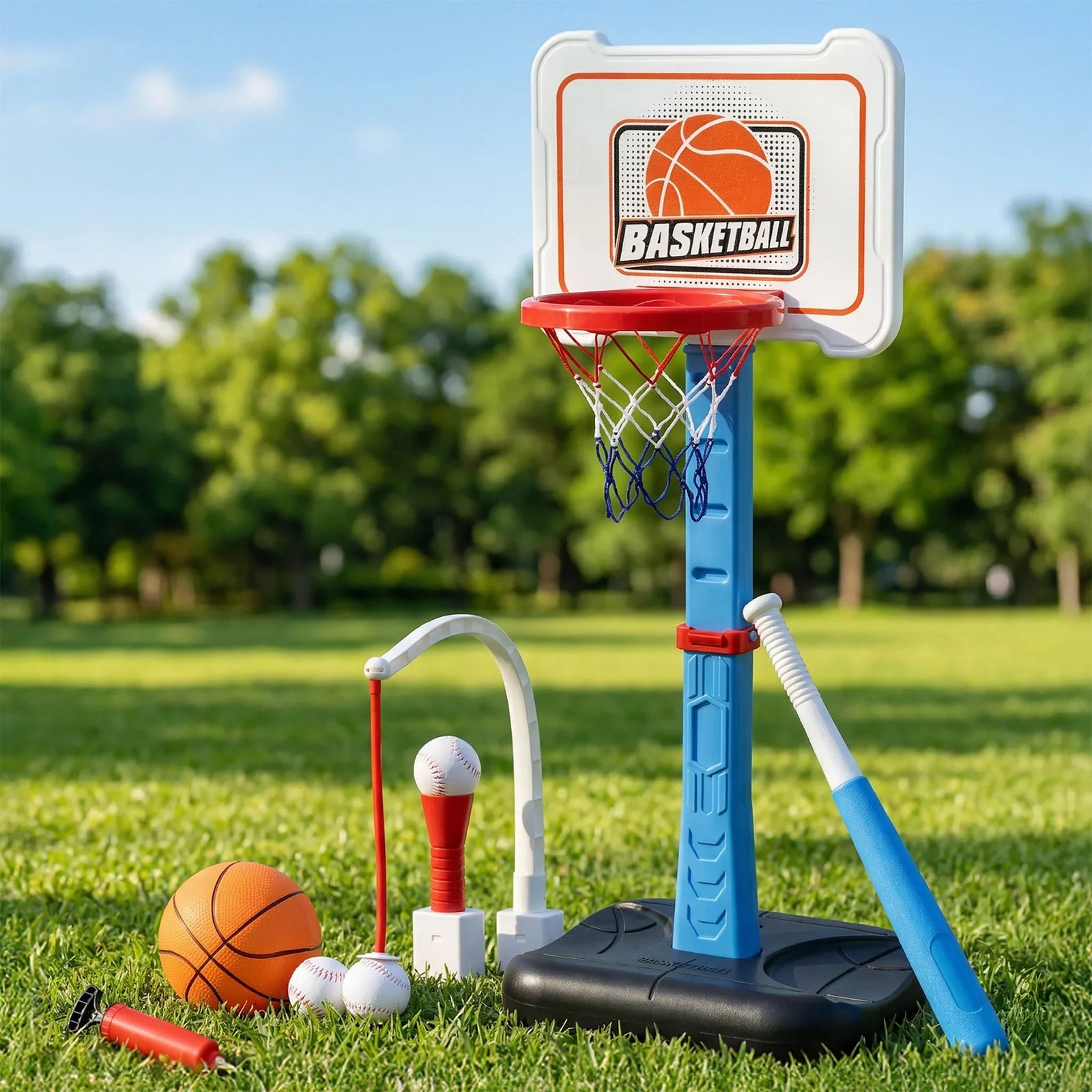 Kids Basketball Hoop Stand Baseball Set Adjustable Height Sports Toys Blue