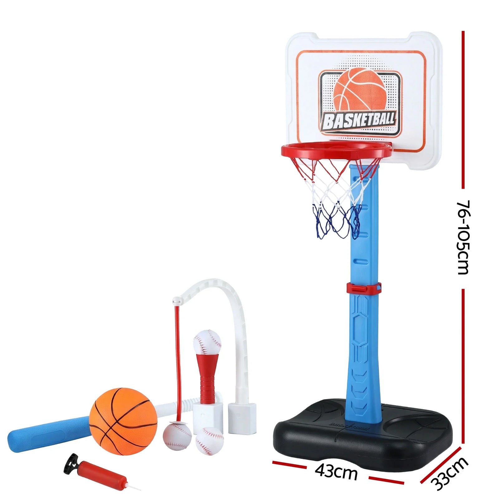 Kids Basketball Hoop Stand Baseball Set Adjustable Height Sports Toys Blue