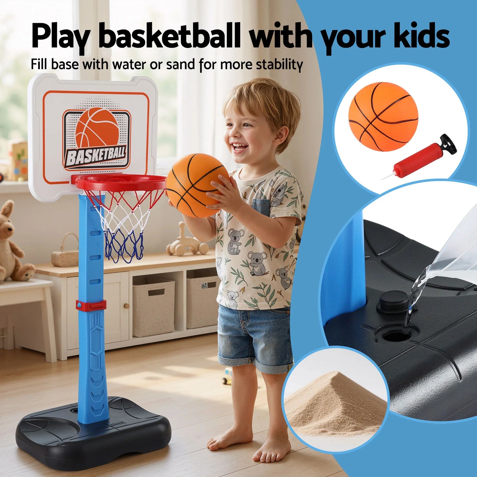 Kids Basketball Hoop Stand Baseball Set Adjustable Height Sports Toys Blue