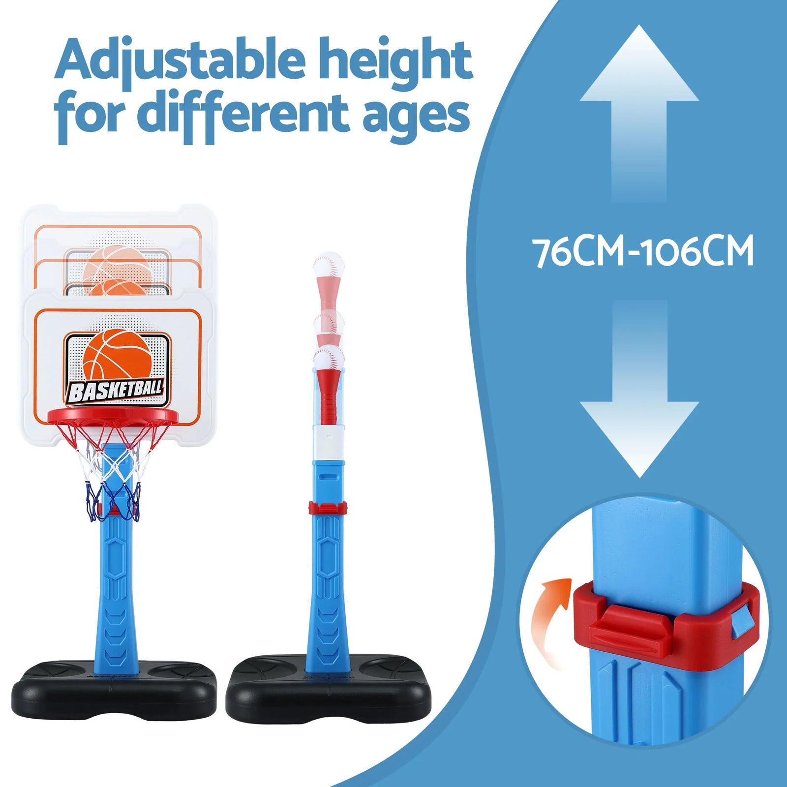 Kids Basketball Hoop Stand Baseball Set Adjustable Height Sports Toys Blue