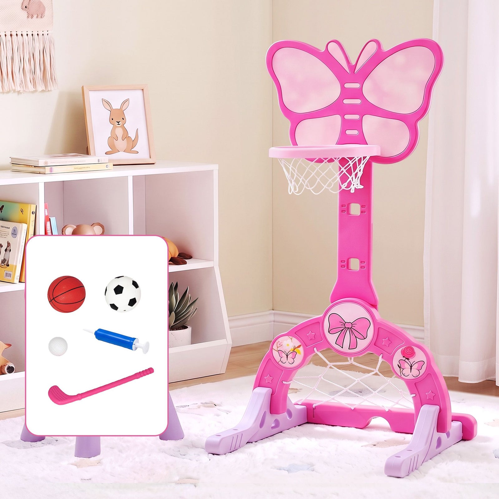 3-in-1 Kids Basketball Hoop Soccer Goal Golf Game Set with Balls Pink