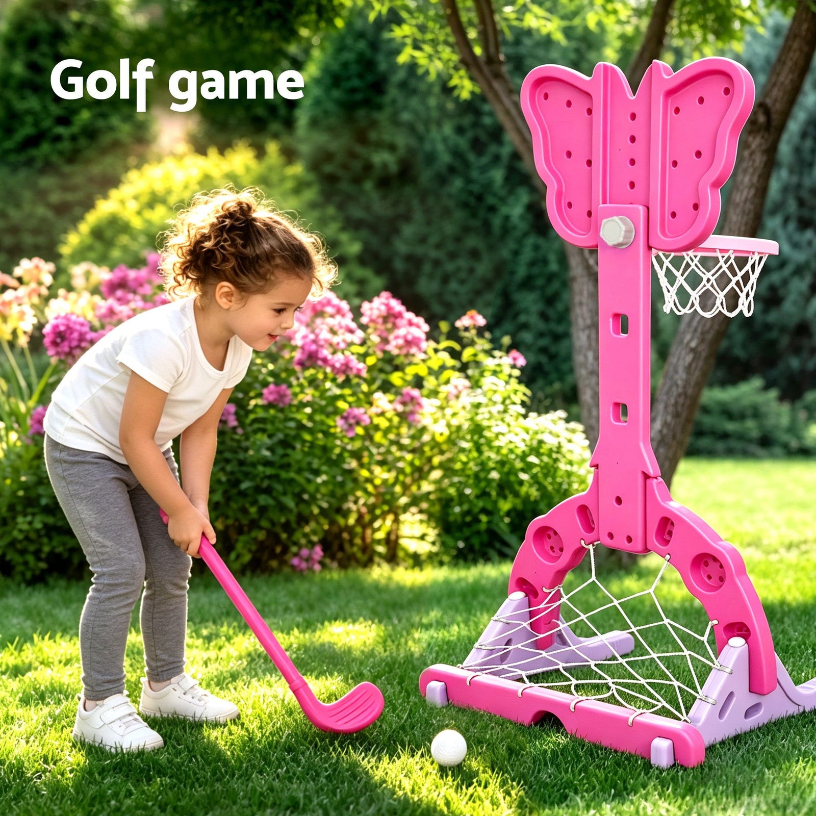 3-in-1 Kids Basketball Hoop Soccer Goal Golf Game Set with Balls Pink
