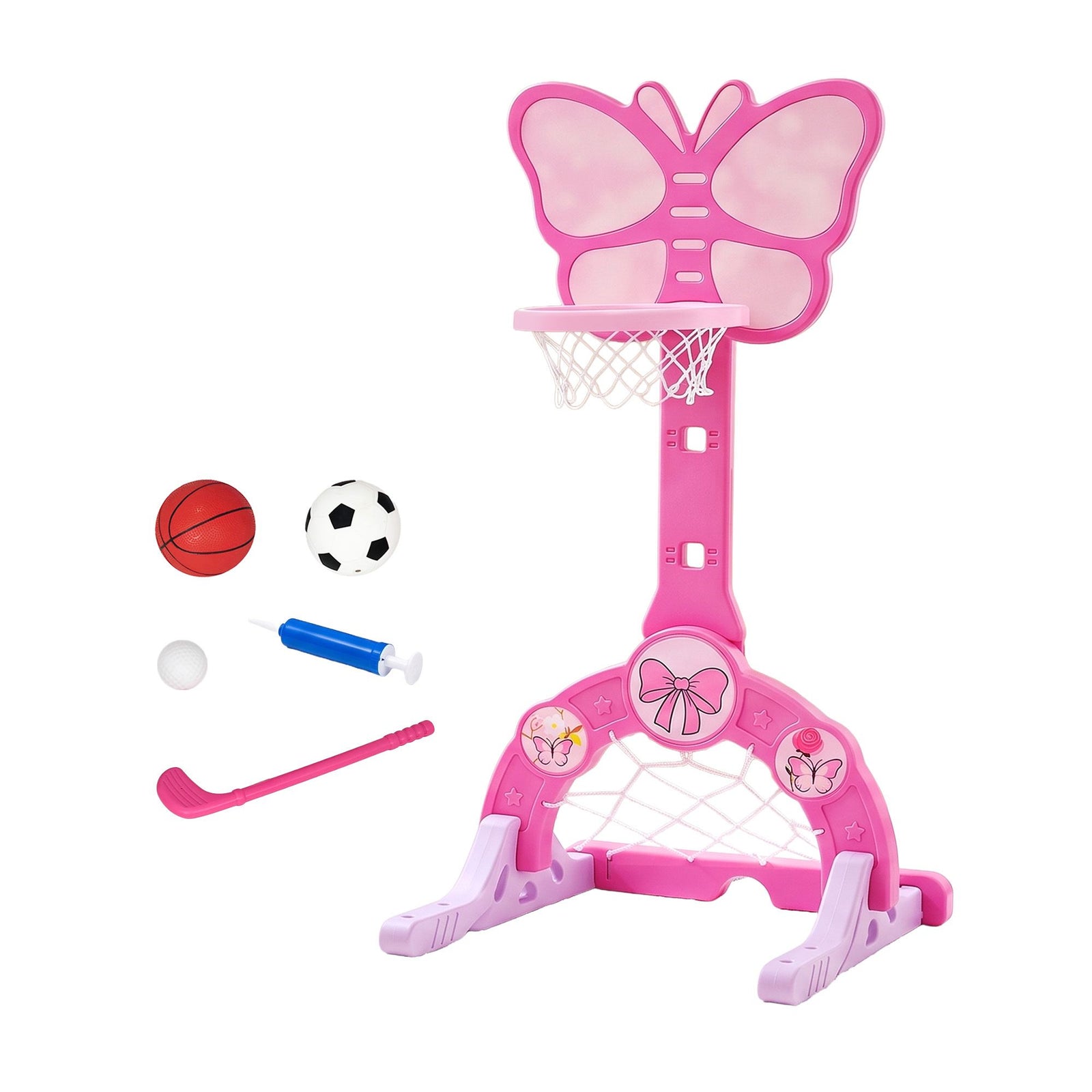 3-in-1 Kids Basketball Hoop Soccer Goal Golf Game Set with Balls Pink
