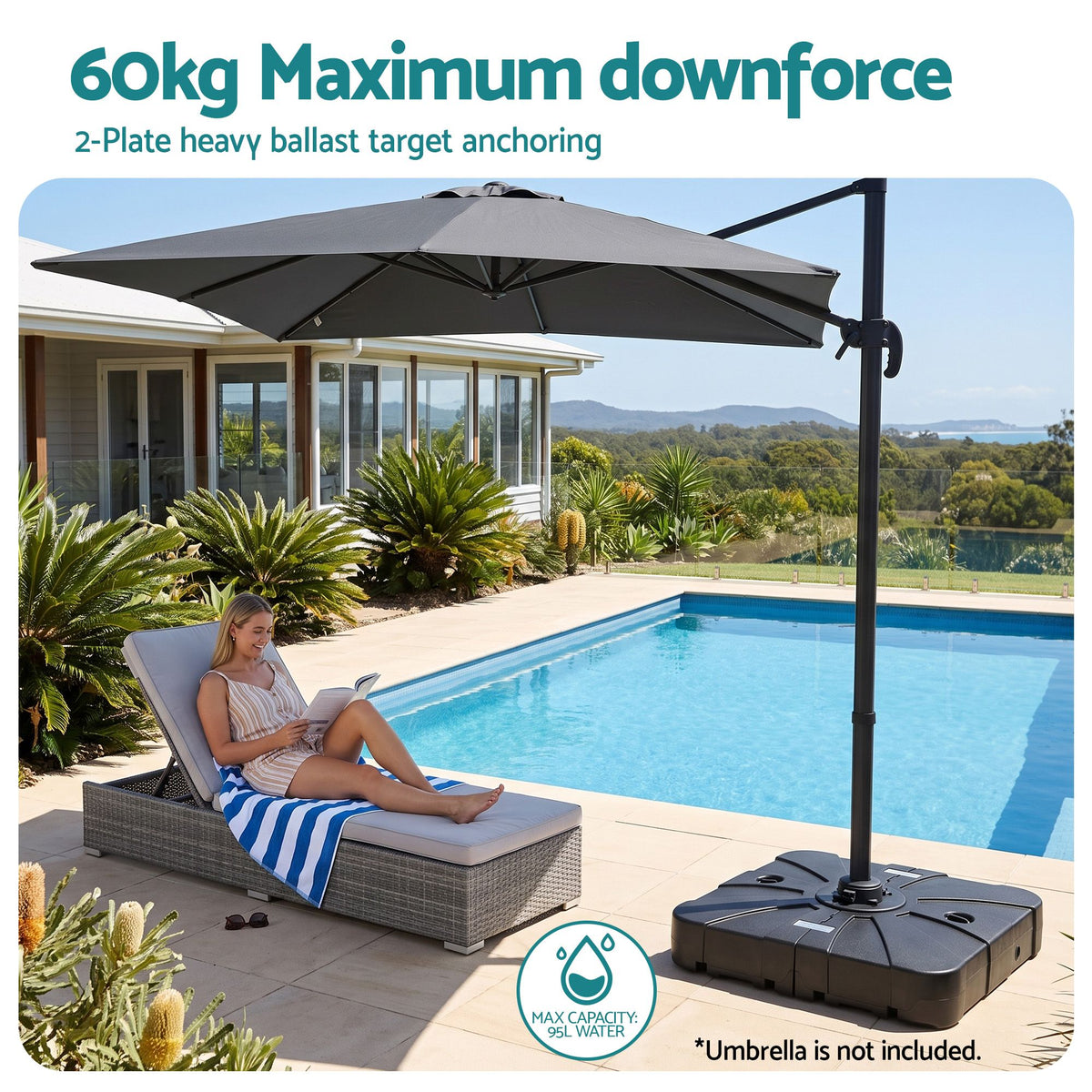 Outdoor Umbrella Base 2 Fillable 60kg Cantilever Umbrella Base with Wheels 84cm