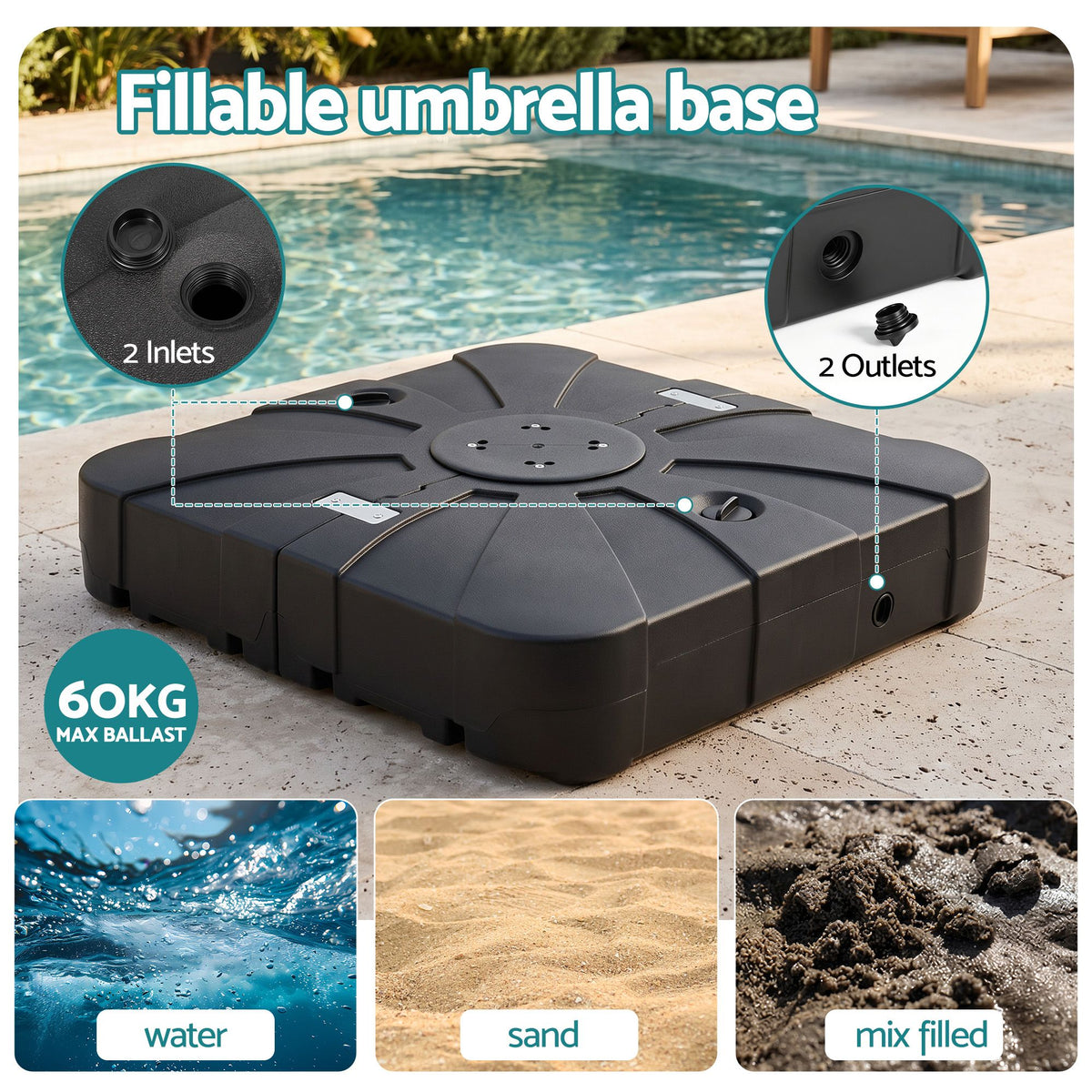 Outdoor Umbrella Base 2 Fillable 60kg Cantilever Umbrella Base with Wheels 84cm