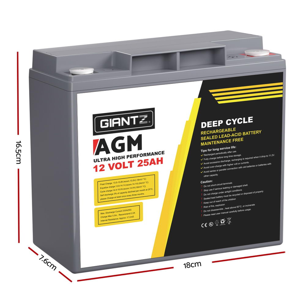 AGM Deep Cycle Battery 12V 25Ah Box Portable Solar Caravan Camping