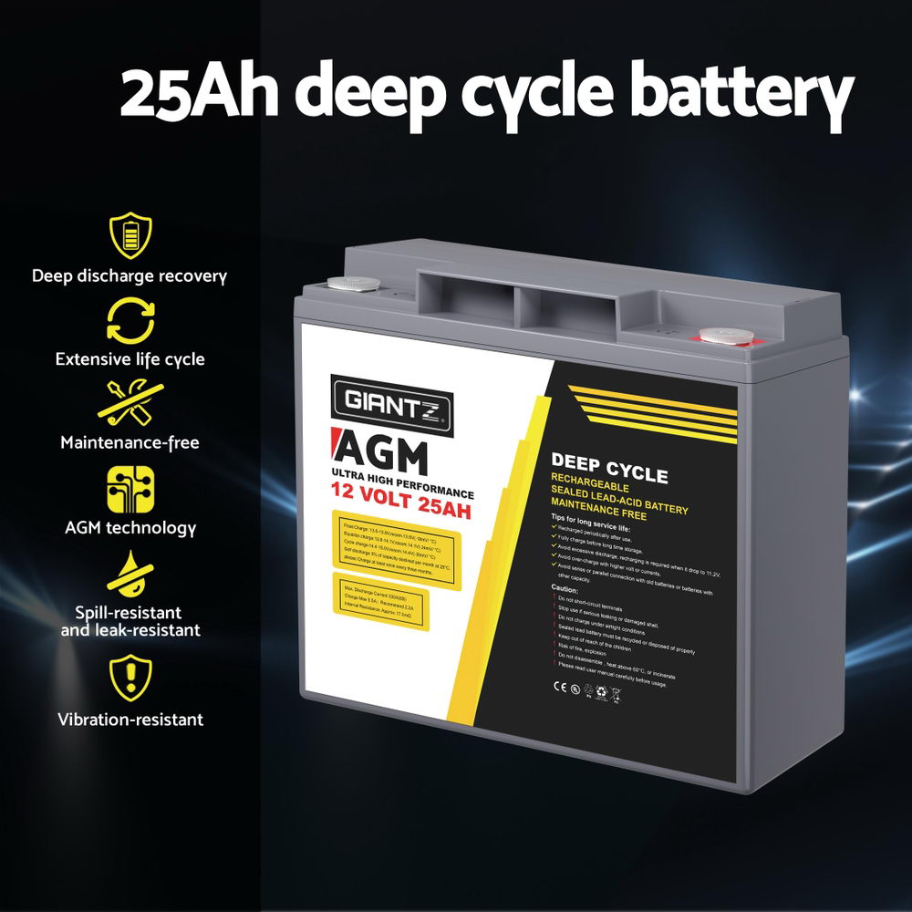 AGM Deep Cycle Battery 12V 25Ah Box Portable Solar Caravan Camping