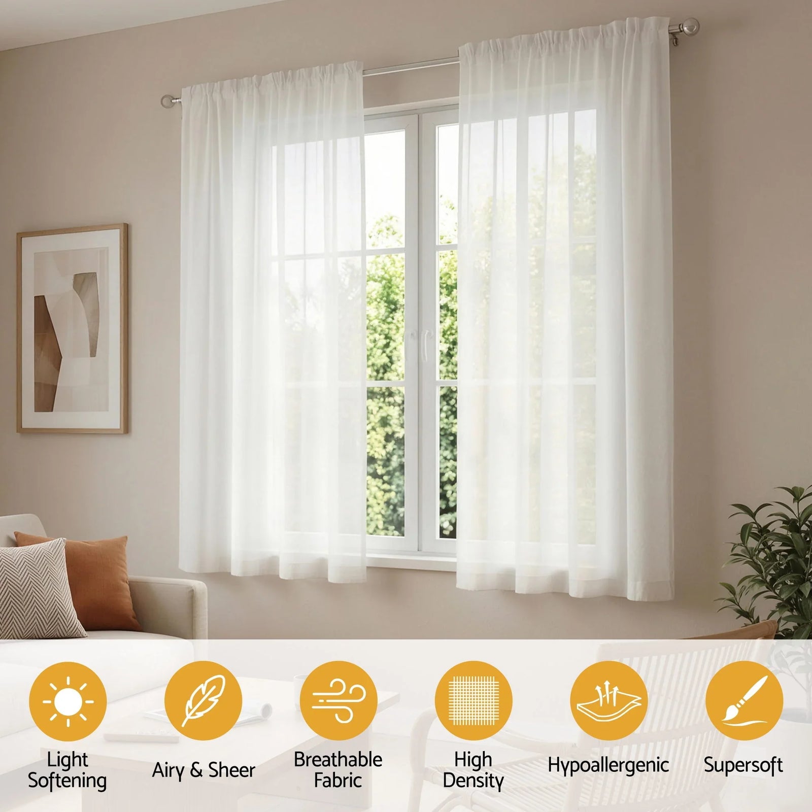 Block Out Curtains 2‑Pack White Light‑Filtering Panels with Rod Pocket 132x160cm