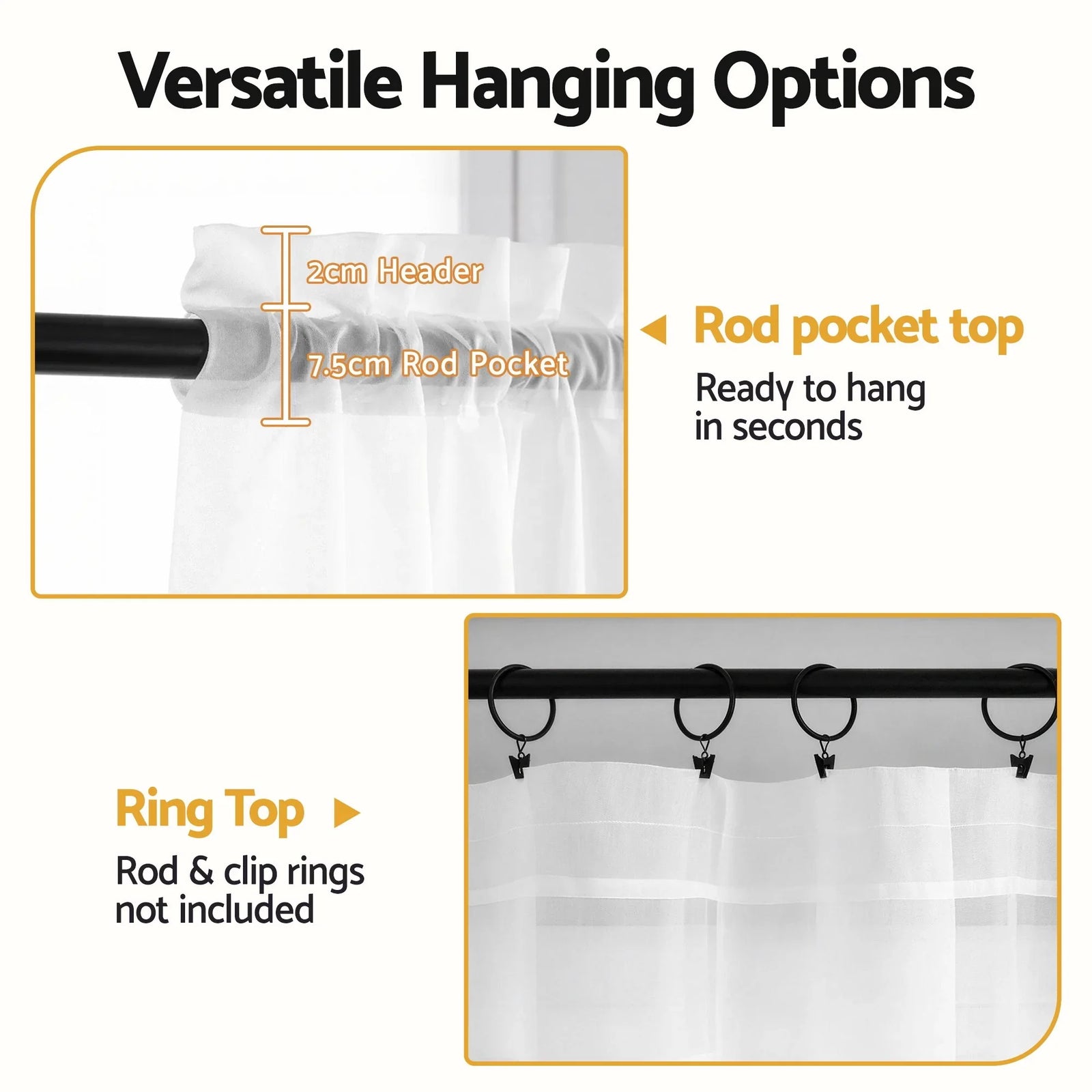 Block Out Curtains 2‑Pack White Light‑Filtering Panels with Rod Pocket 132x160cm