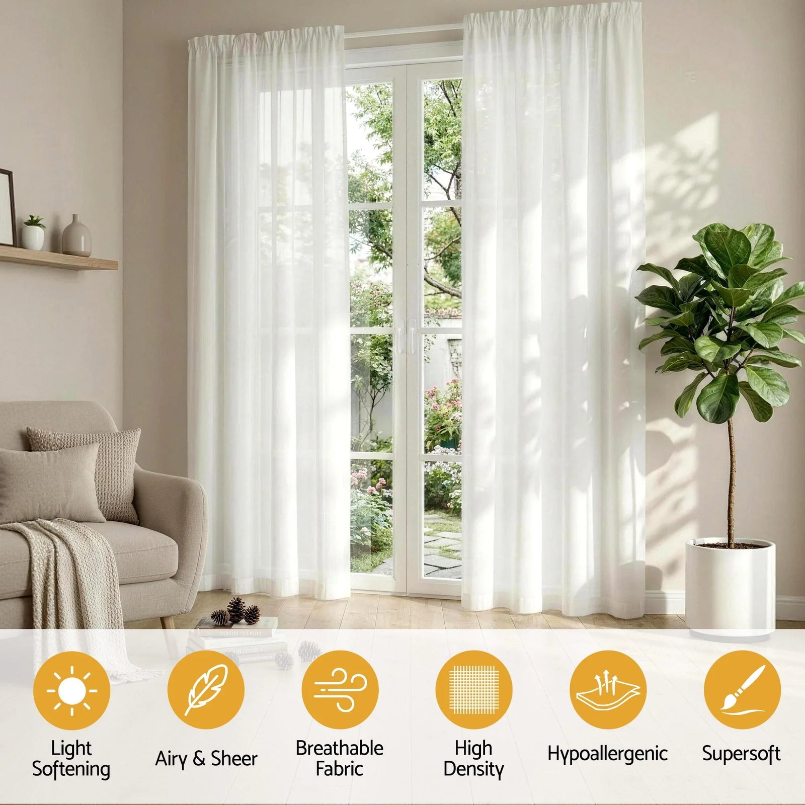 Blockout Curtains 2‑Pack White Light‑Filtering Panels with Rod Pocket 132x213cm