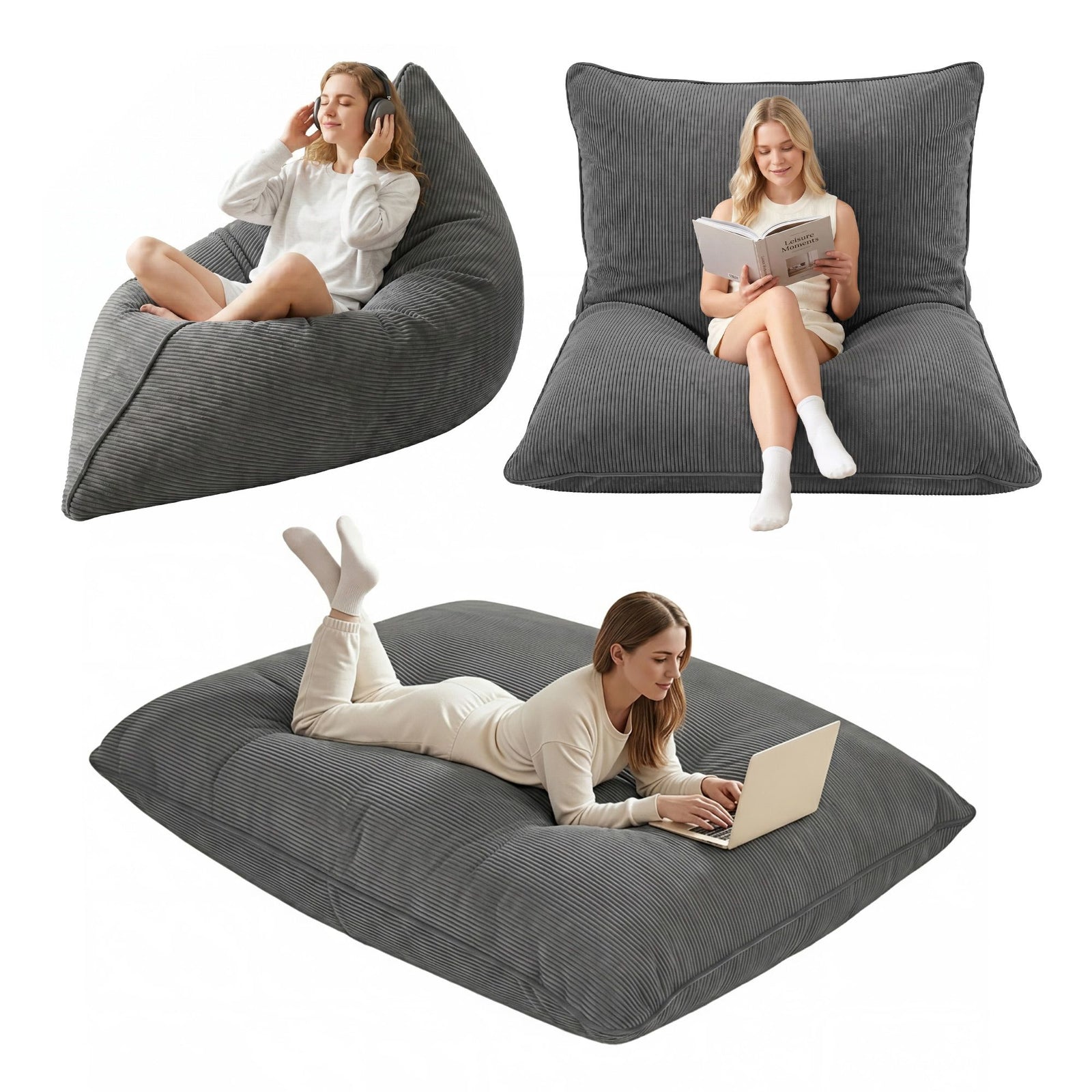 3‑in‑1 Bean Bag Cover – Corduroy, 180×140cm, Floor Cushion/Sofa/Chair, Grey