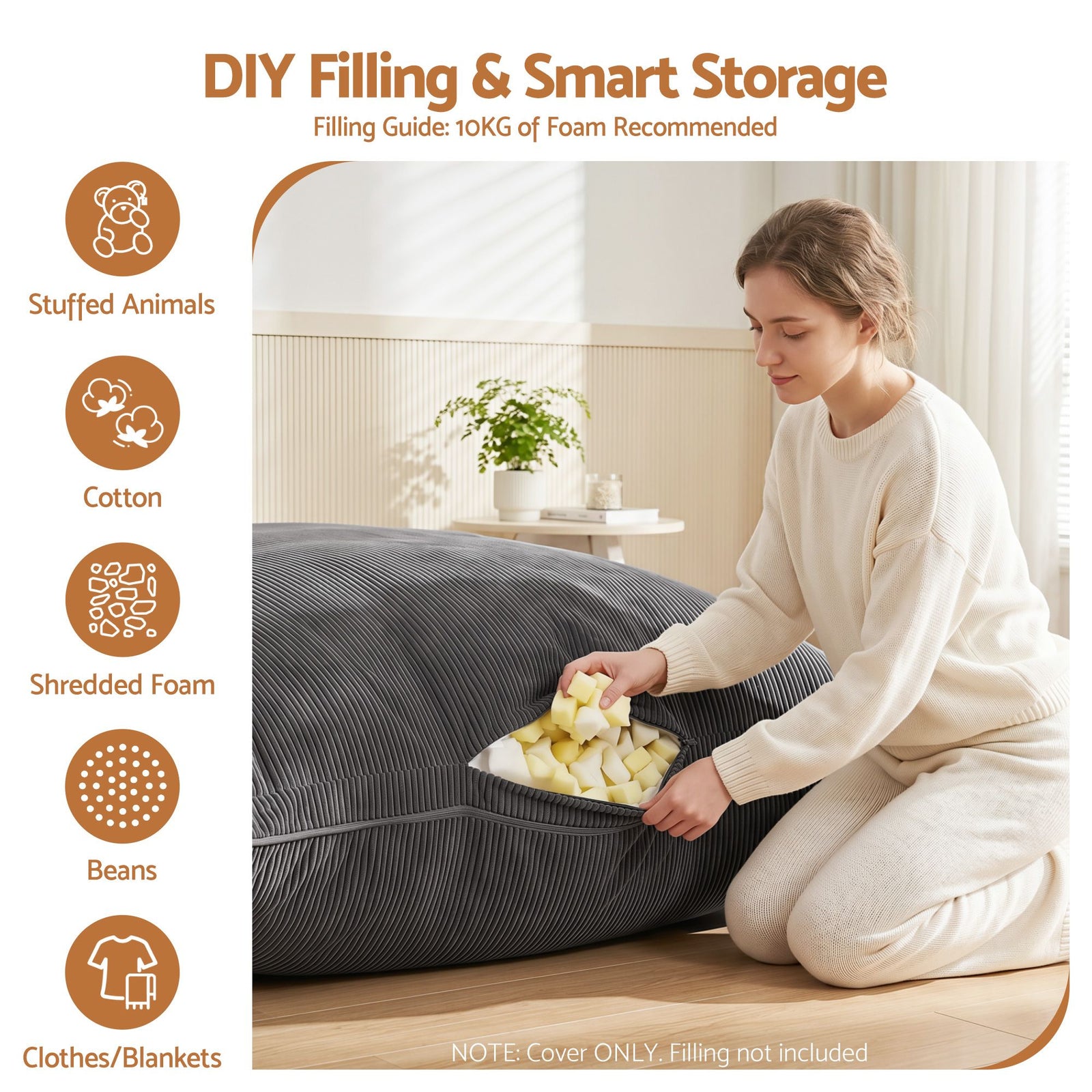 3‑in‑1 Bean Bag Cover – Corduroy, 180×140cm, Floor Cushion/Sofa/Chair, Grey