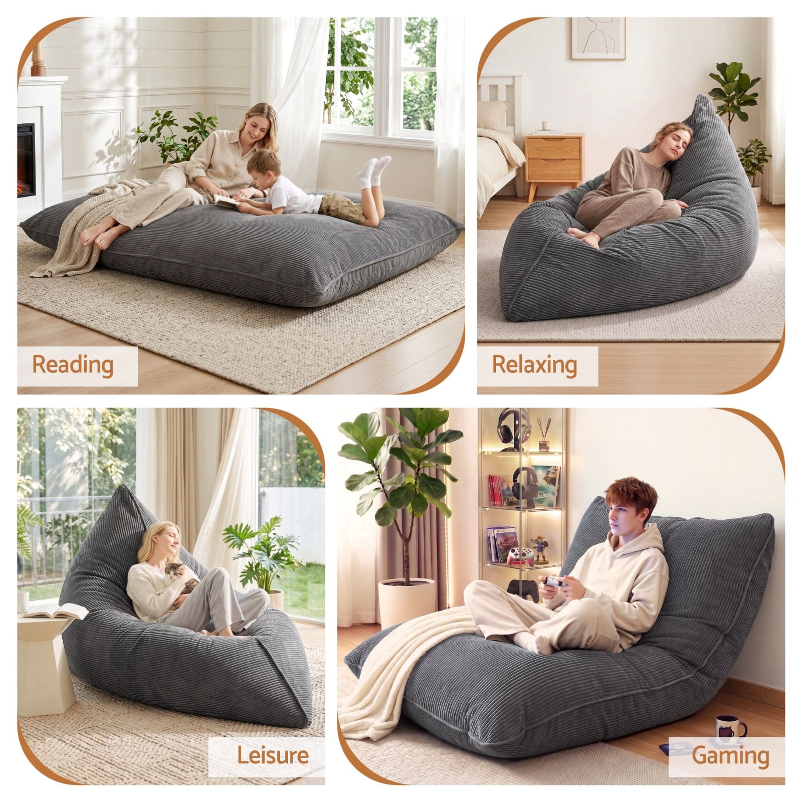 3‑in‑1 Bean Bag Cover – Corduroy, 180×140cm, Floor Cushion/Sofa/Chair, Grey