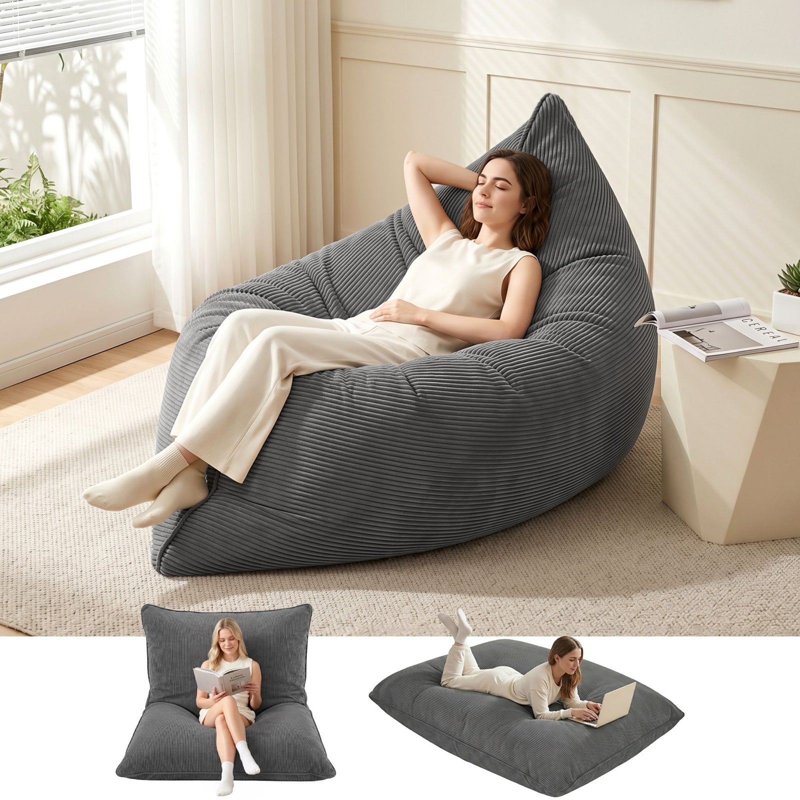 3‑in‑1 Bean Bag Cover – Corduroy, 180×140cm, Floor Cushion/Sofa/Chair, Grey