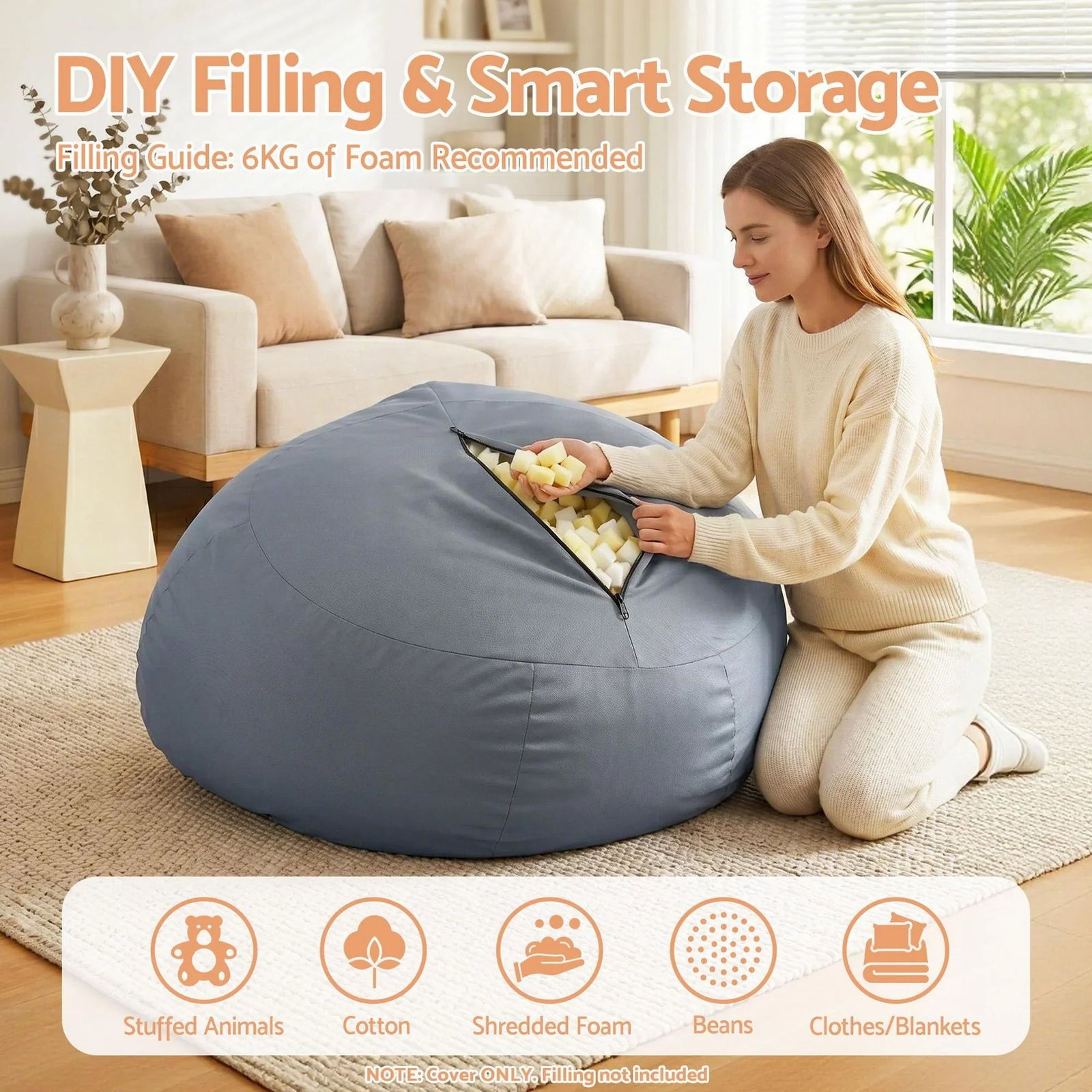 Bean Bag Cover – Indoor/Outdoor, 600D Polyester, Water‑Resistant, Grey