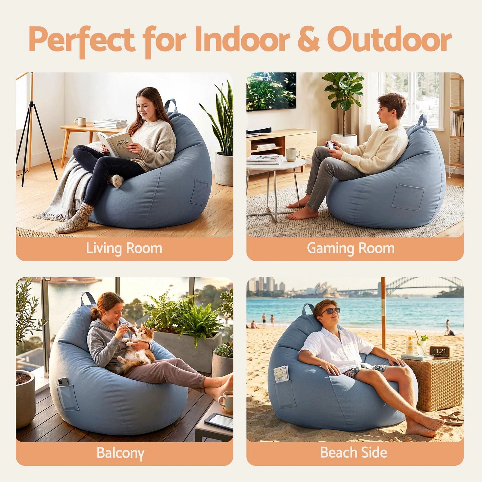 Bean Bag Cover – Indoor/Outdoor, 600D Polyester, Water‑Resistant, Grey