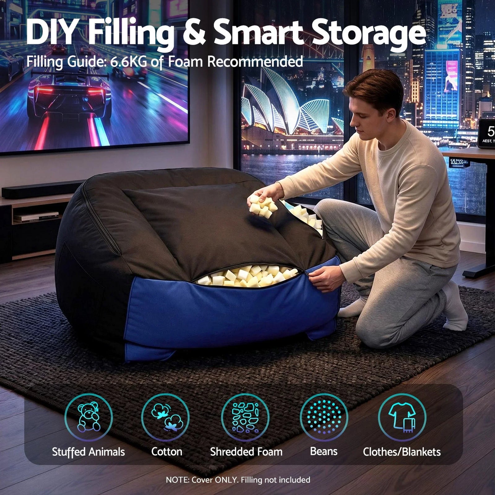 Gaming Bean Bag Cover – 600D, Water‑Resistant, Storage Pockets, Blue/Black