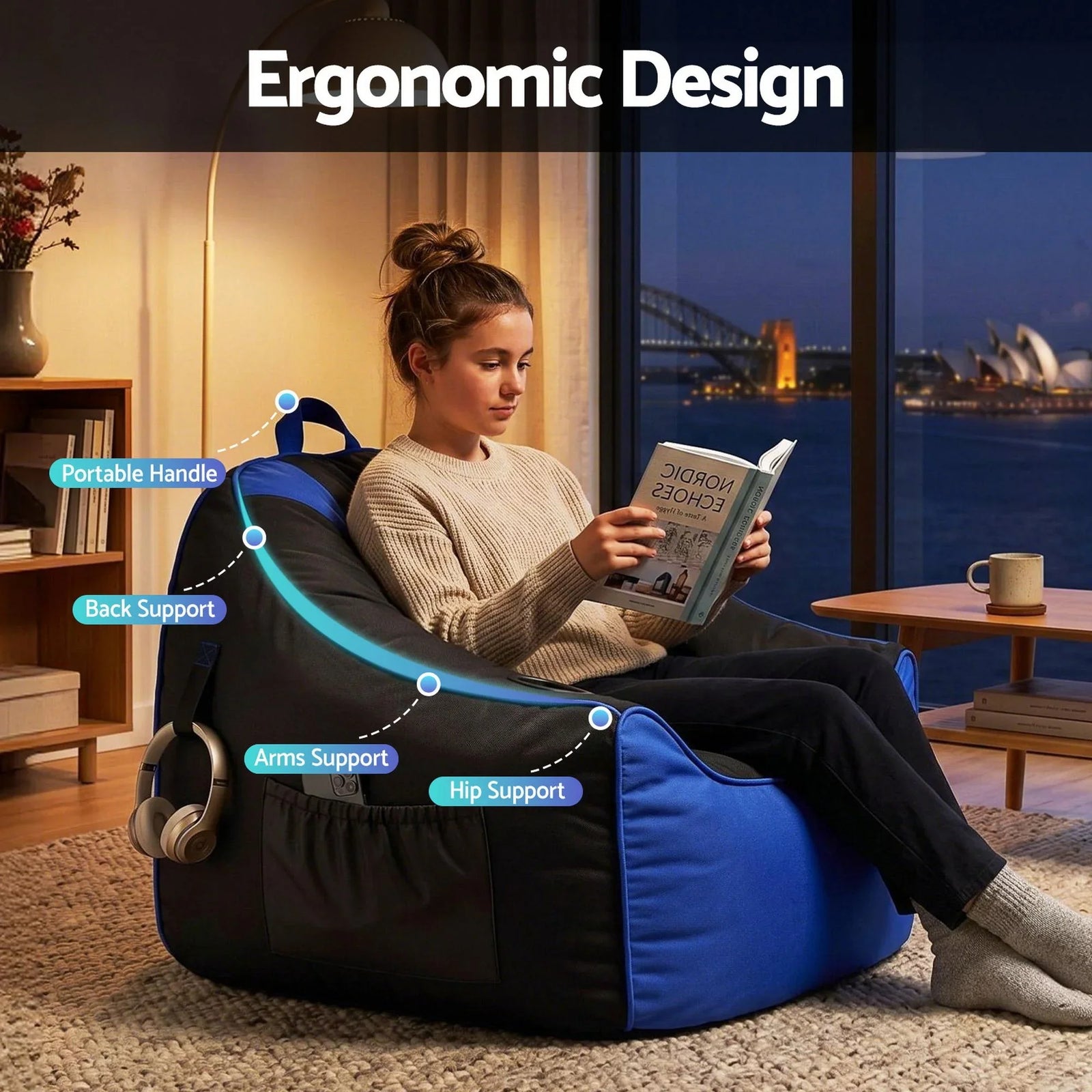 Gaming Bean Bag Cover – 600D, Water‑Resistant, Storage Pockets, Blue/Black