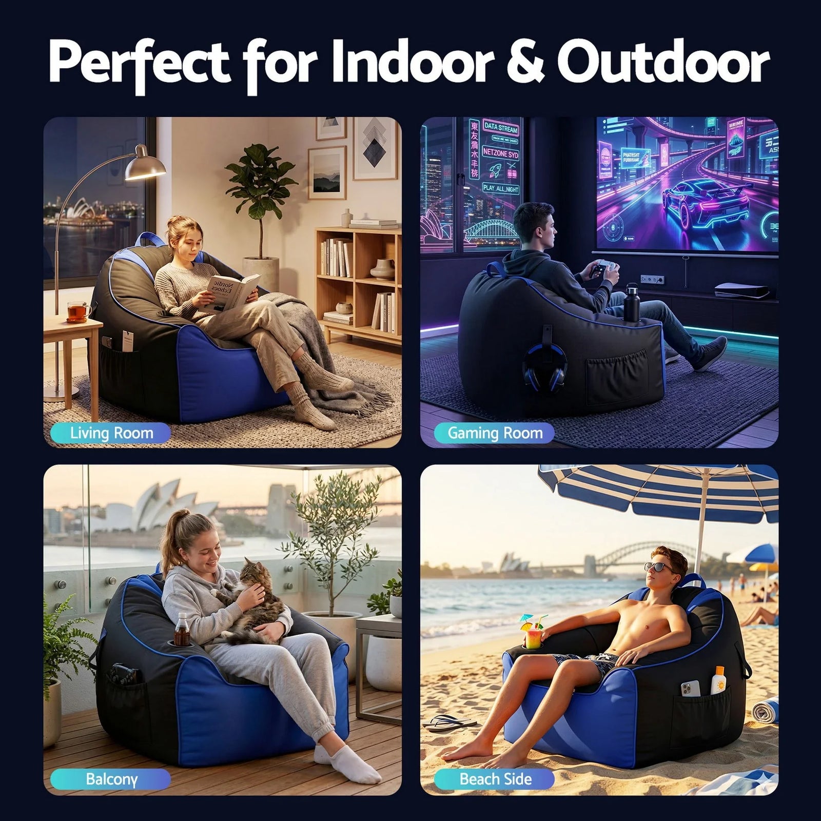 Gaming Bean Bag Cover – 600D, Water‑Resistant, Storage Pockets, Blue/Black
