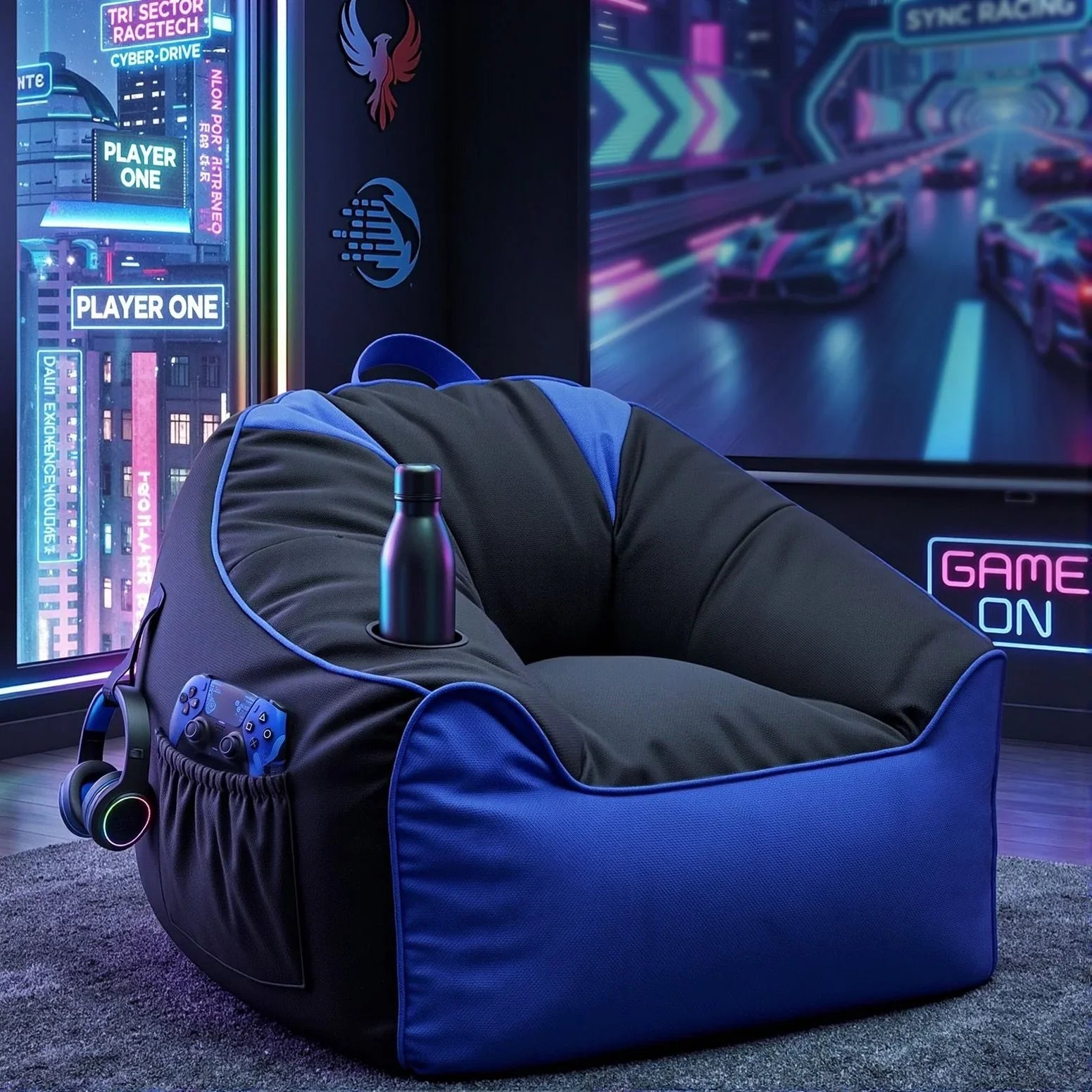 Gaming Bean Bag Cover – 600D, Water‑Resistant, Storage Pockets, Blue/Black