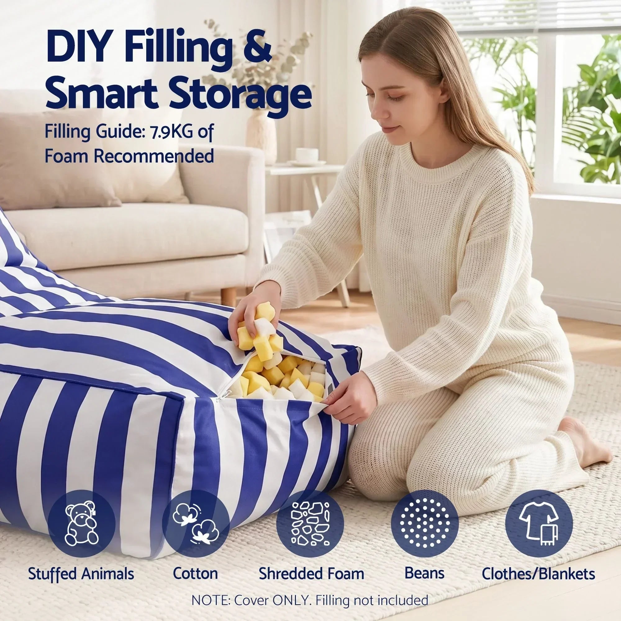 Outdoor Bean Bag Chair Cover (No Filler) Splash-Proof Beanbag Lounge Sofacover Stuffed Animal Storage Bean Bag Cover for Patio Poolside Relaxing, Blue