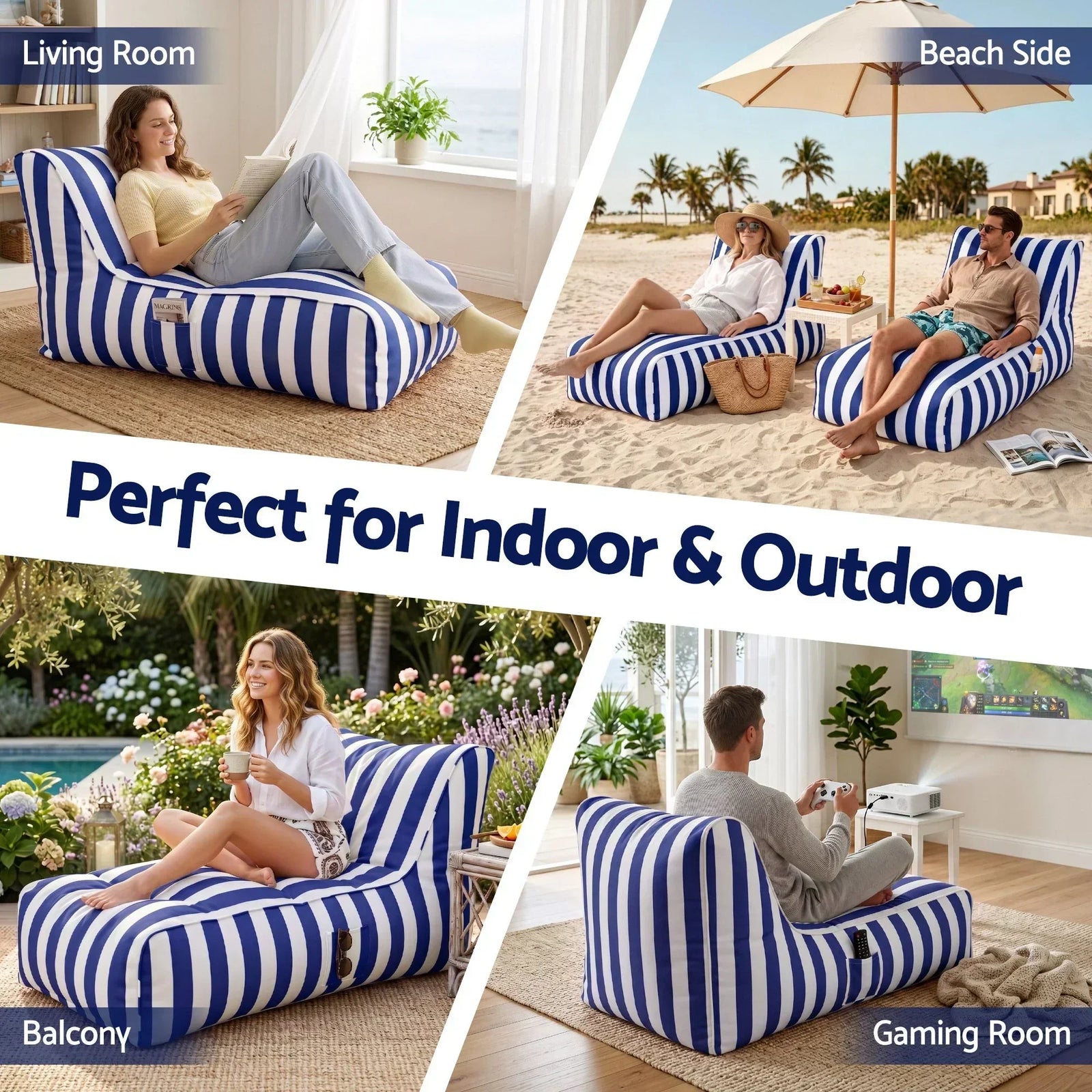 Outdoor Bean Bag Chair Cover (No Filler) Splash-Proof Beanbag Lounge Sofacover Stuffed Animal Storage Bean Bag Cover for Patio Poolside Relaxing, Blue