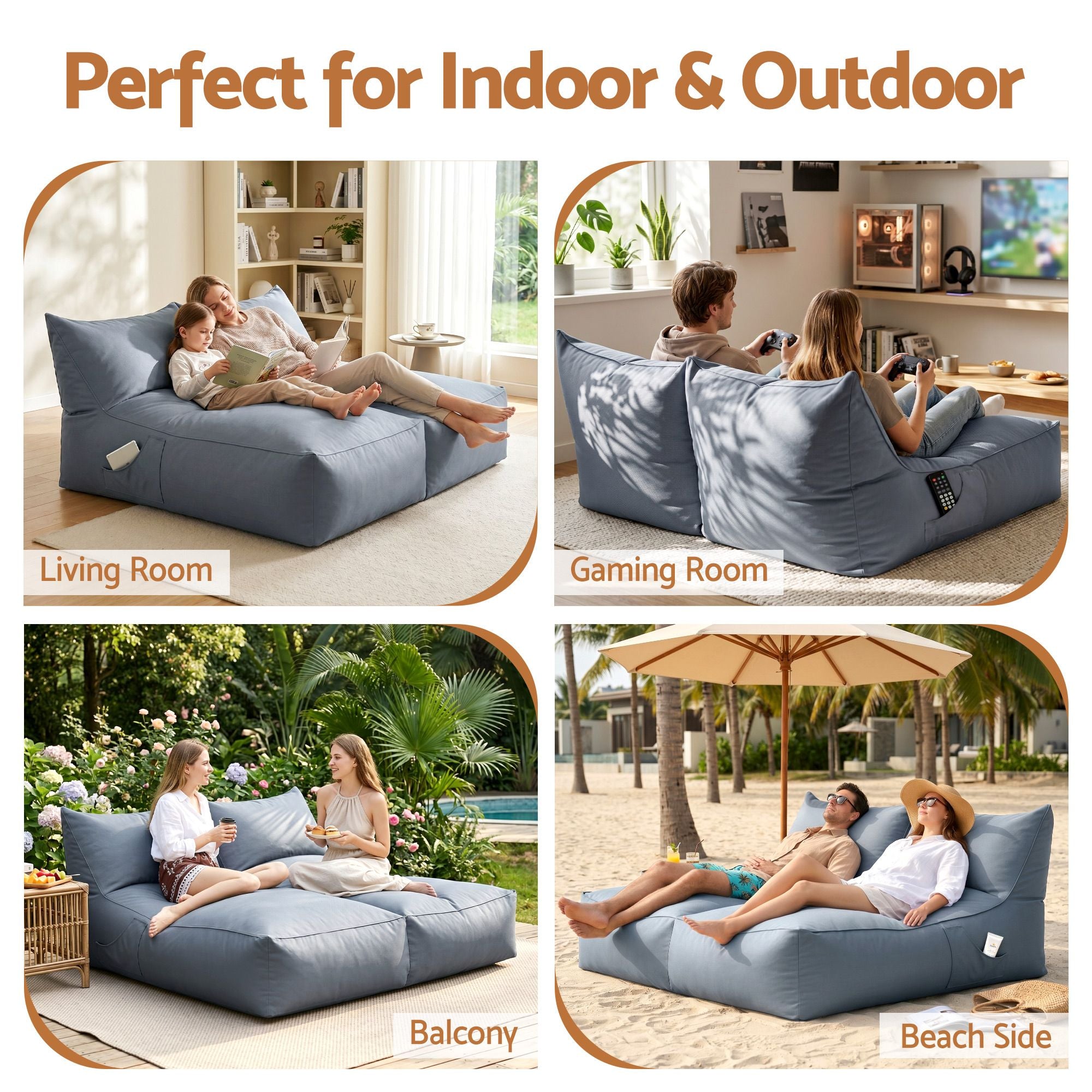 2‑Seater Bean Bag Cover – 600D Outdoor, L‑Shape Support, 160×150×80cm, Grey