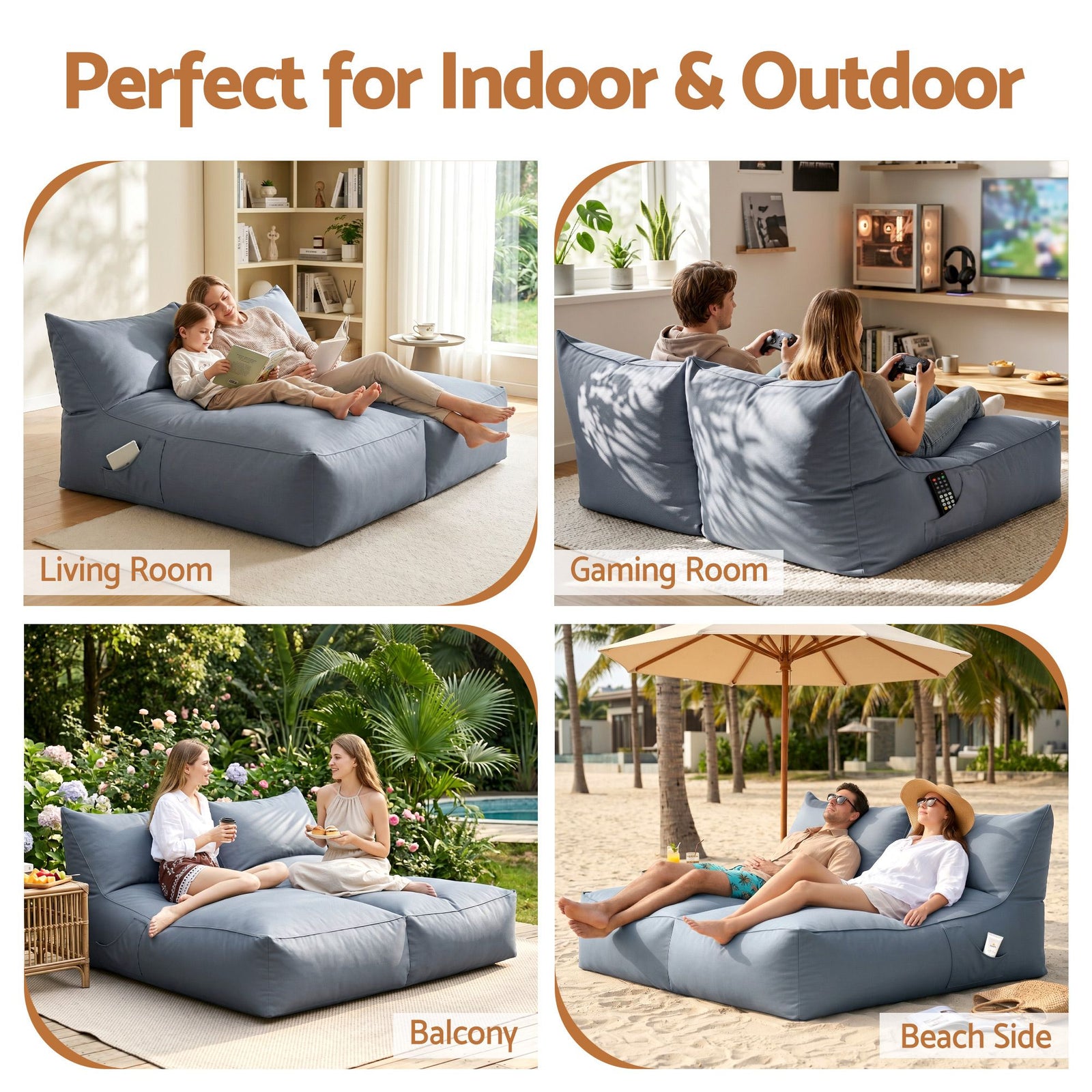 2‑Seater Bean Bag Cover – 600D Outdoor, L‑Shape Support, 160×150×80cm, Grey