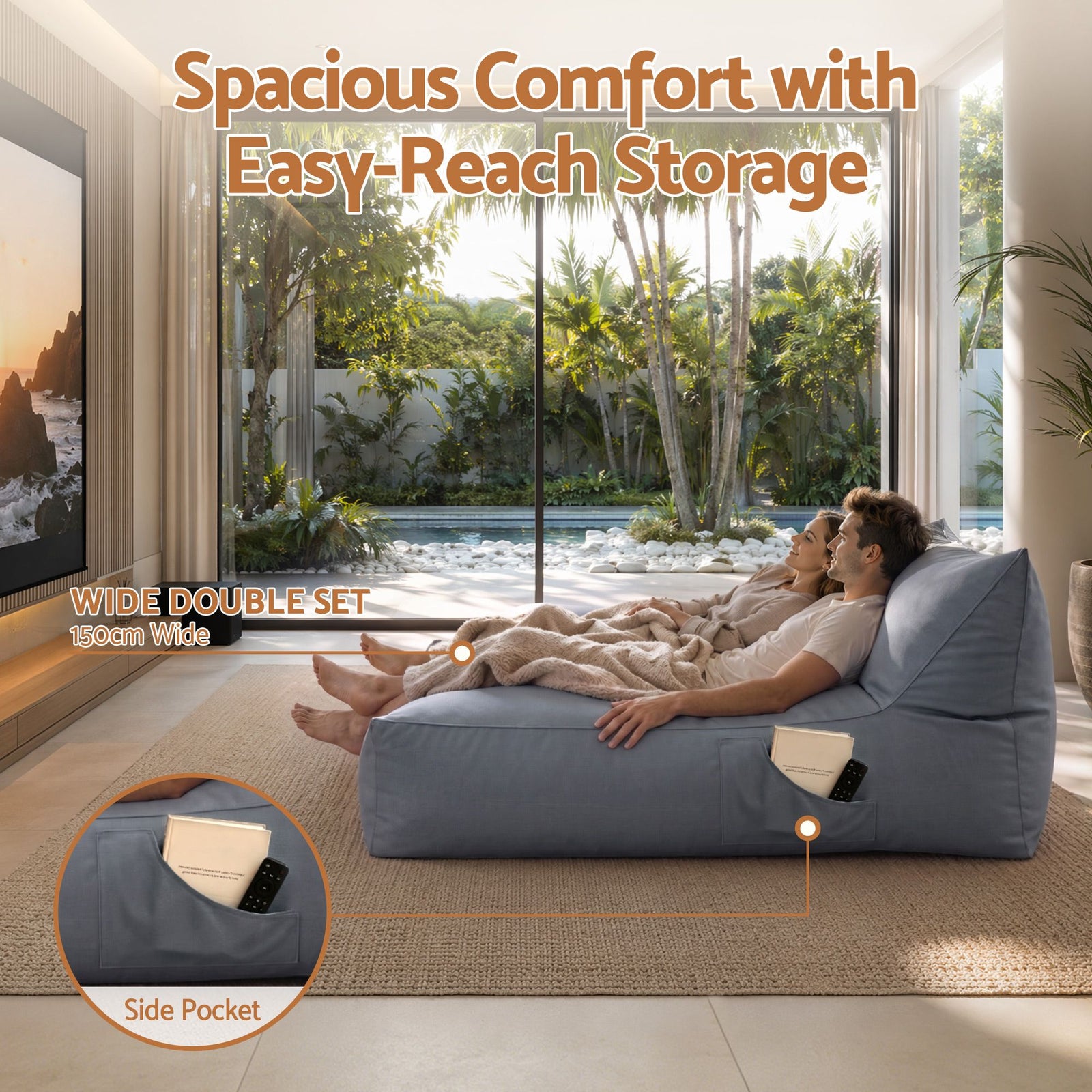 2‑Seater Bean Bag Cover – 600D Outdoor, L‑Shape Support, 160×150×80cm, Grey