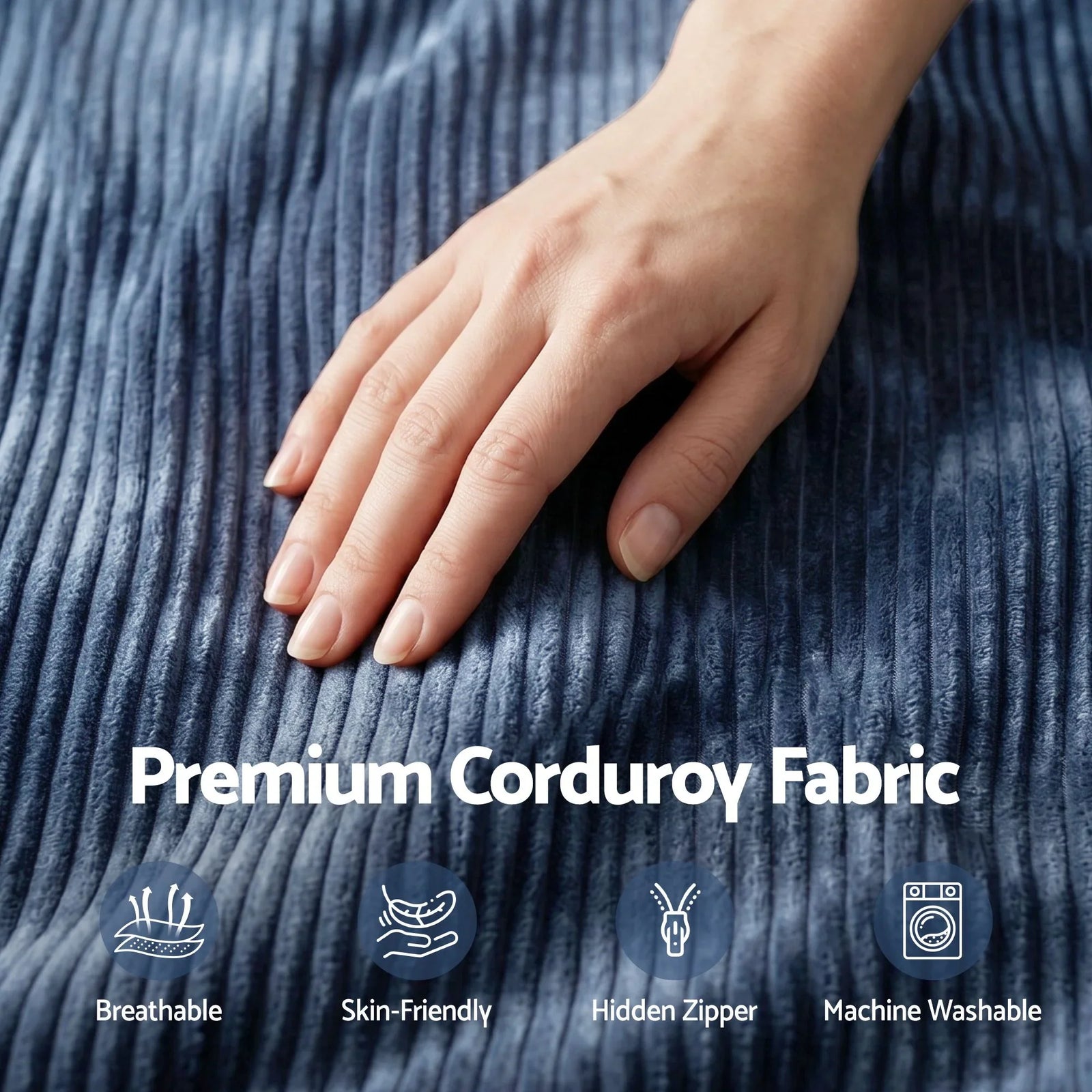 Corduroy Bean Bag Cover – L‑Shape Support, Soft Texture, Washable, Blue