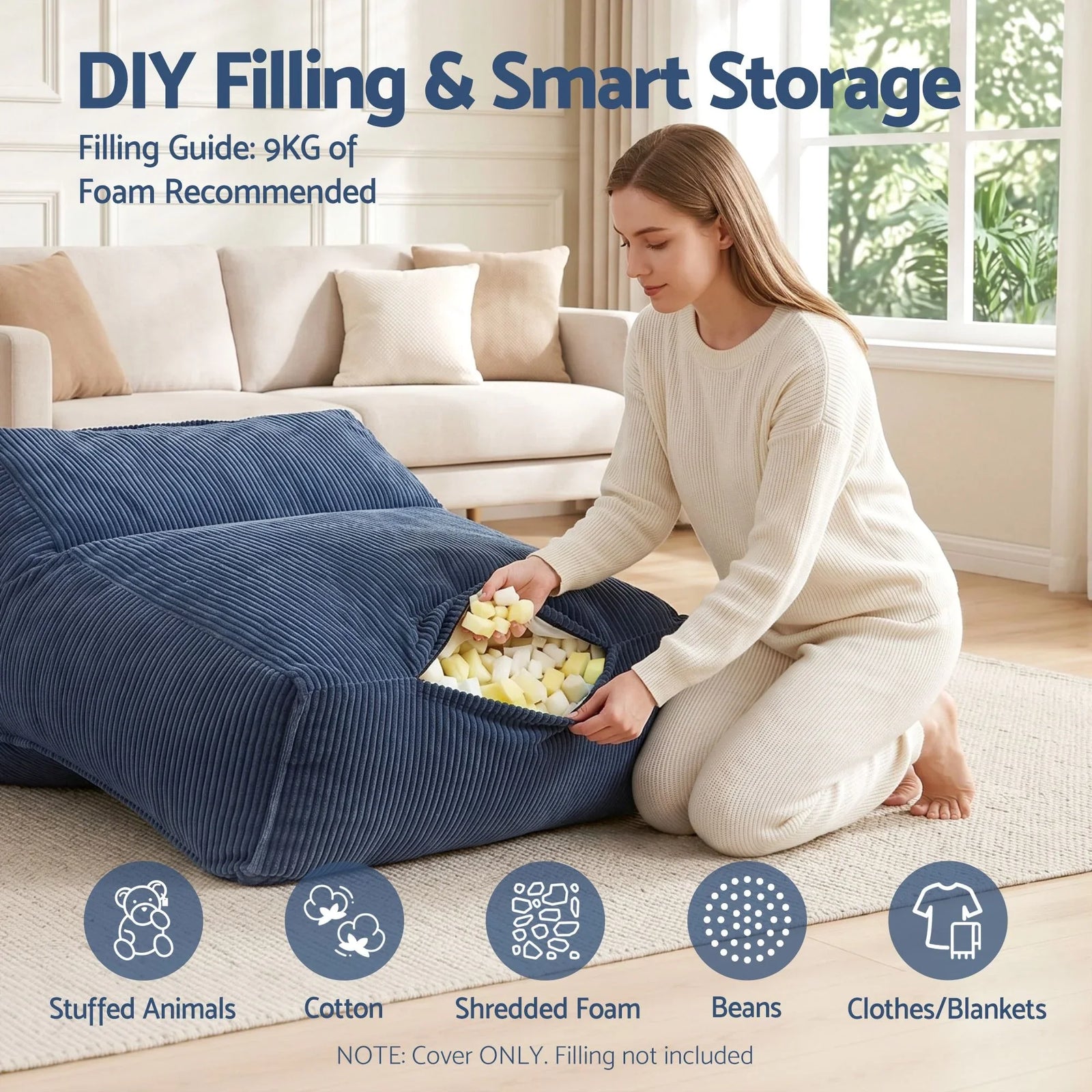Corduroy Bean Bag Cover – L‑Shape Support, Soft Texture, Washable, Blue
