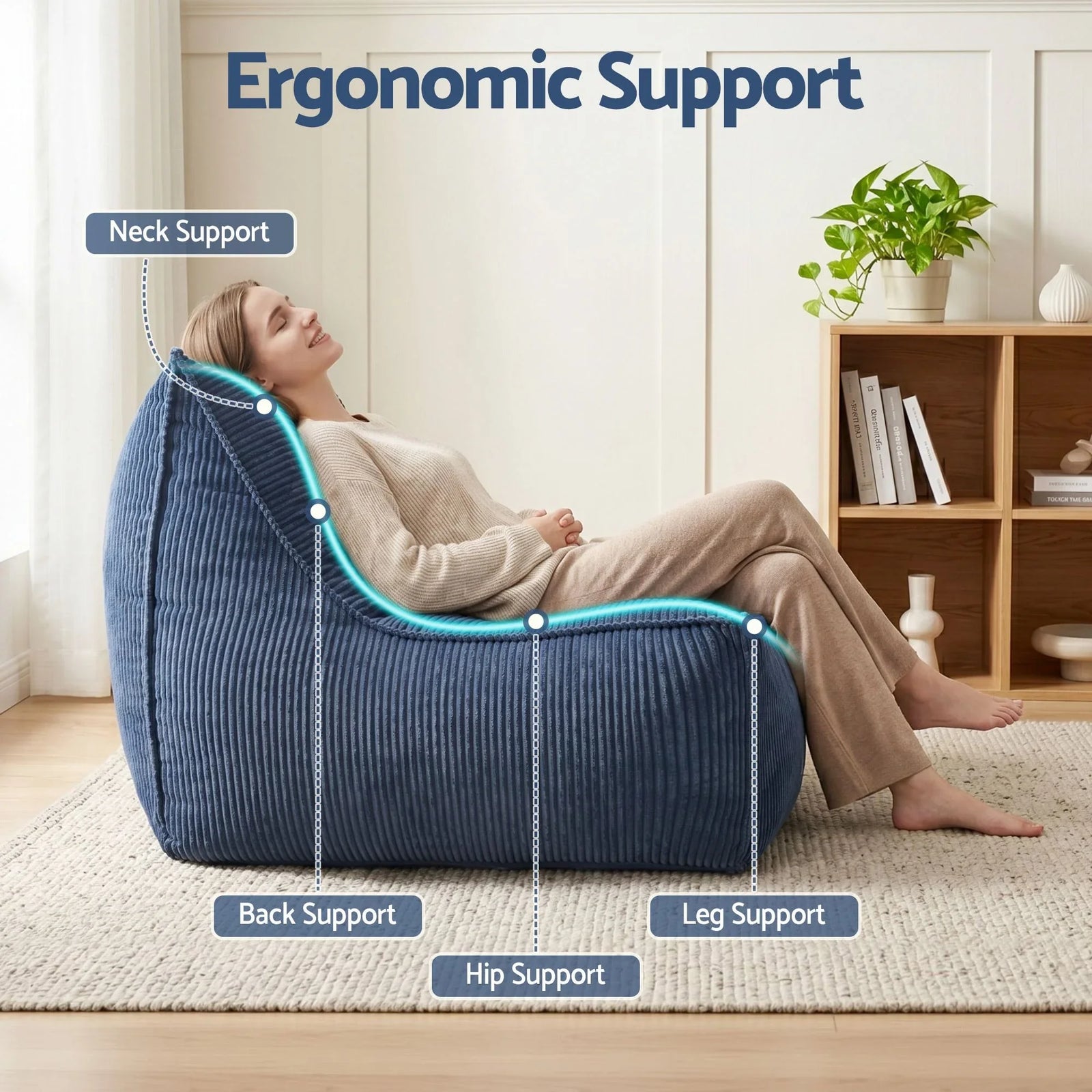 Corduroy Bean Bag Cover – L‑Shape Support, Soft Texture, Washable, Blue