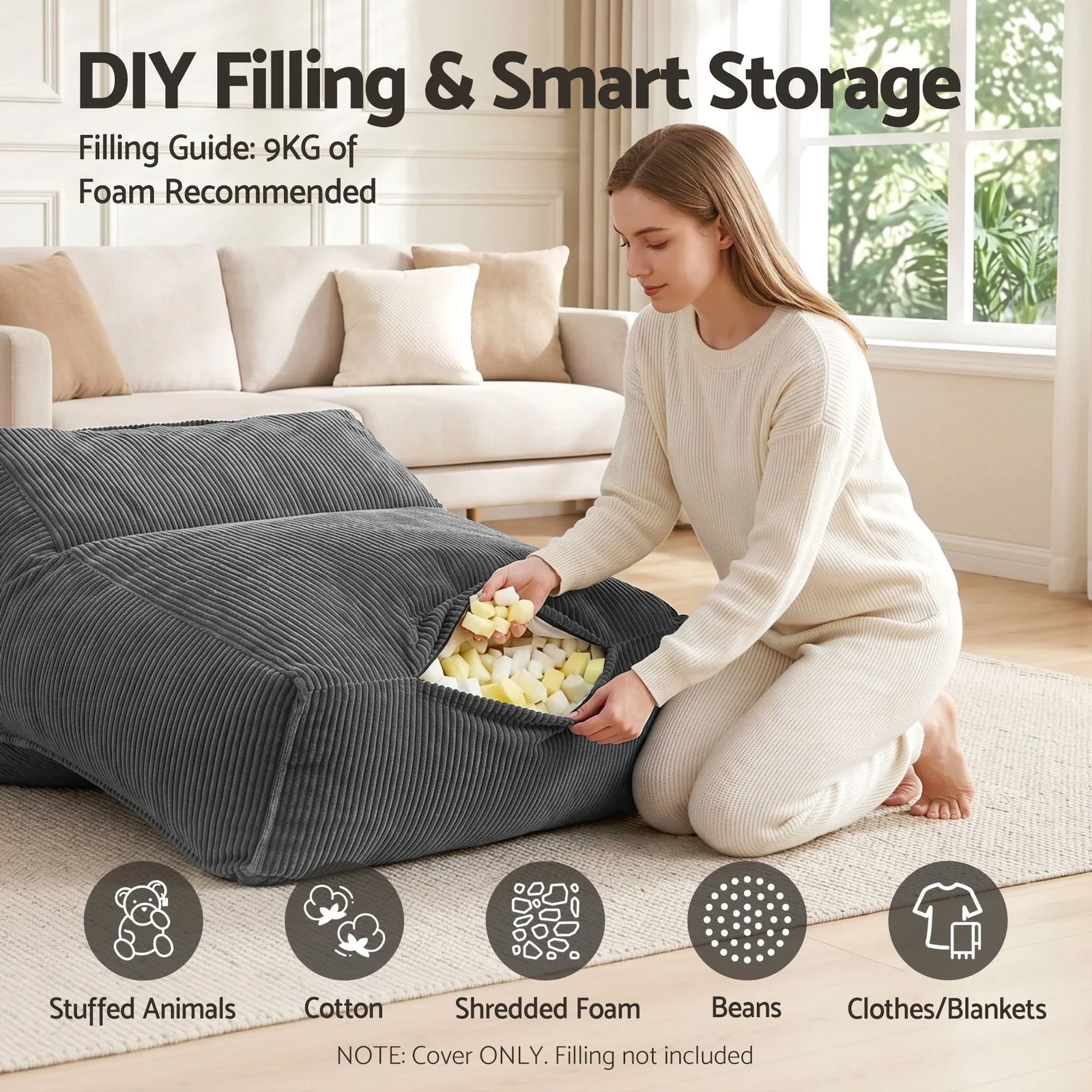 Corduroy Bean Bag Cover – L‑Shape Support, Soft Texture, Washable, Grey