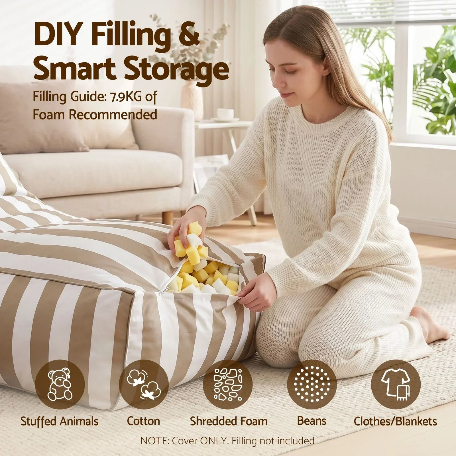 Outdoor Bean Bag Chair Cover (No Filler) Splash-Proof Beanbag Lounge Sofacover Stuffed Animal Storage Bean Bag Cover for Patio Poolside Relaxing, Taupe