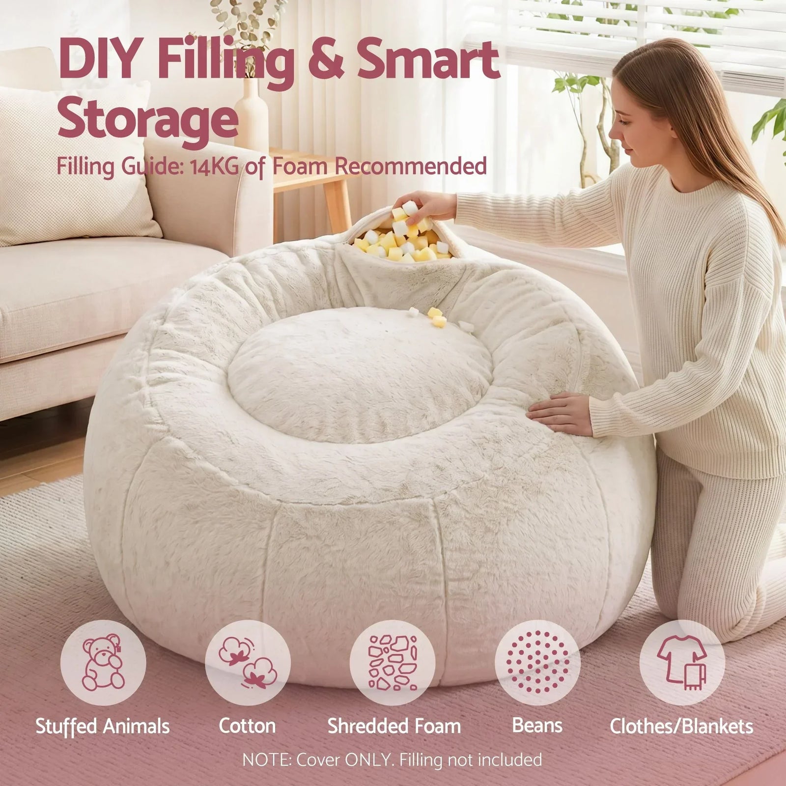 Faux Fur Bean Bag Cover – Large 107cm, Beige, Soft, Washable, No Filling