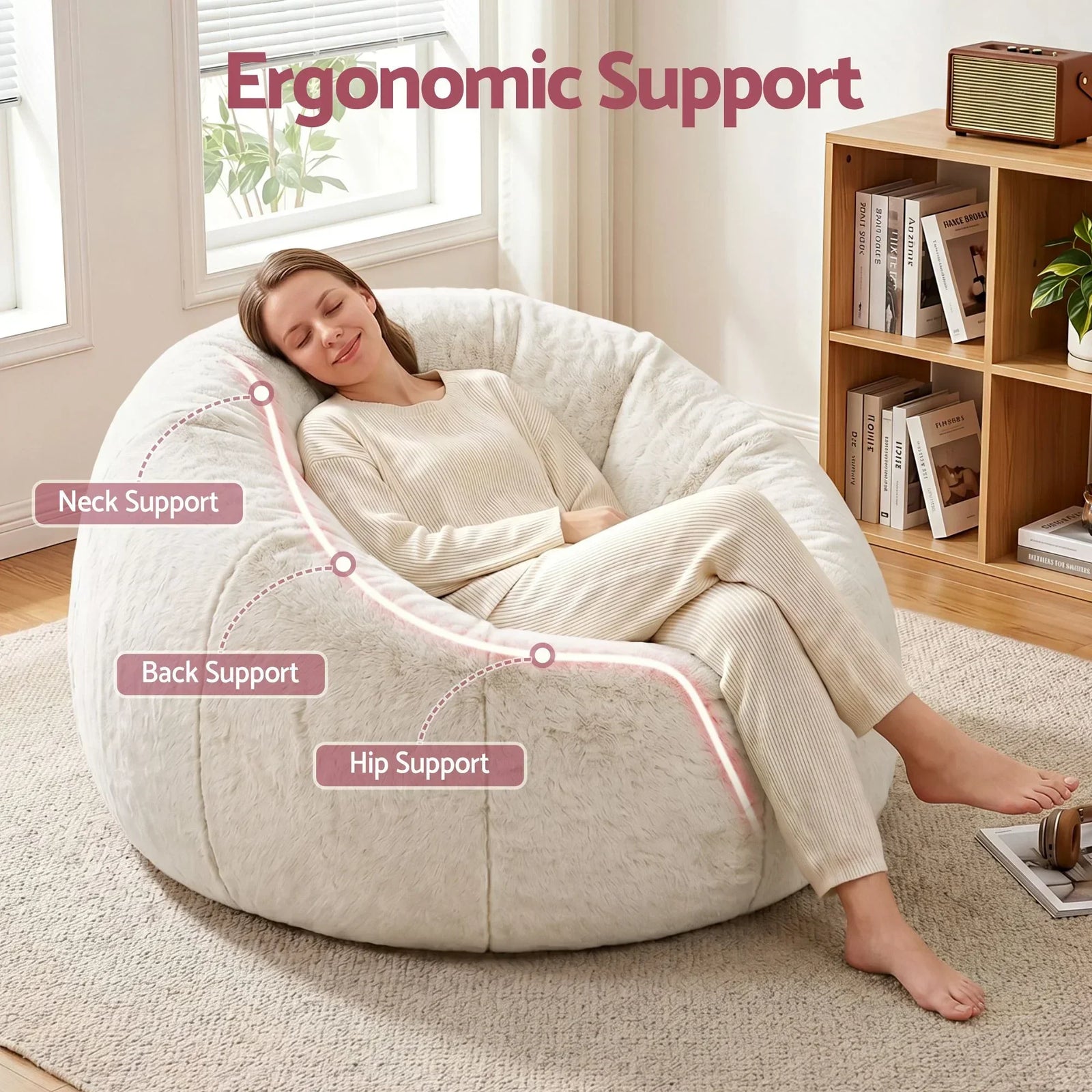 Faux Fur Bean Bag Cover – Large 107cm, Beige, Soft, Washable, No Filling