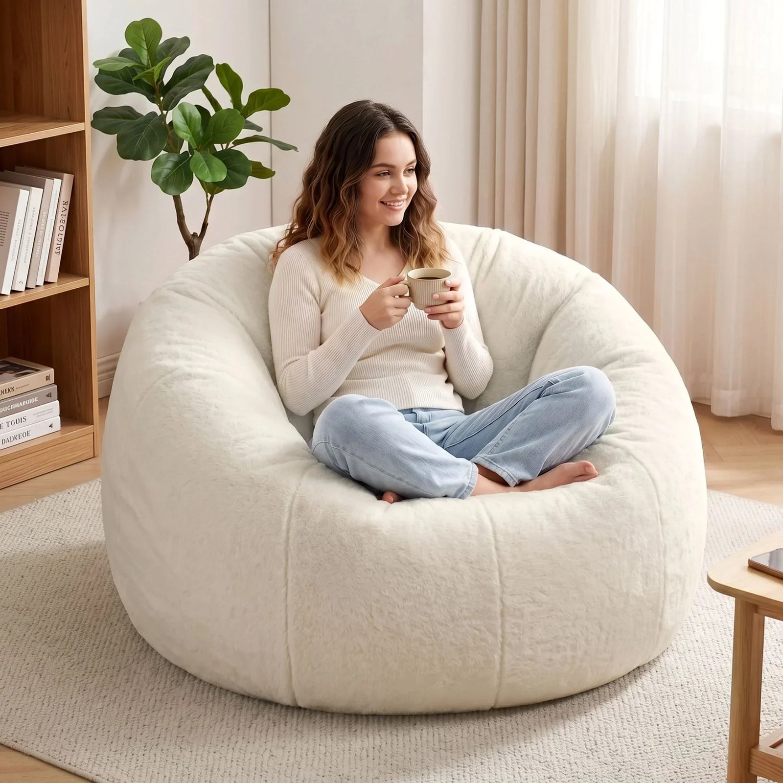 Faux Fur Bean Bag Cover – Large 107cm, Beige, Soft, Washable, No Filling