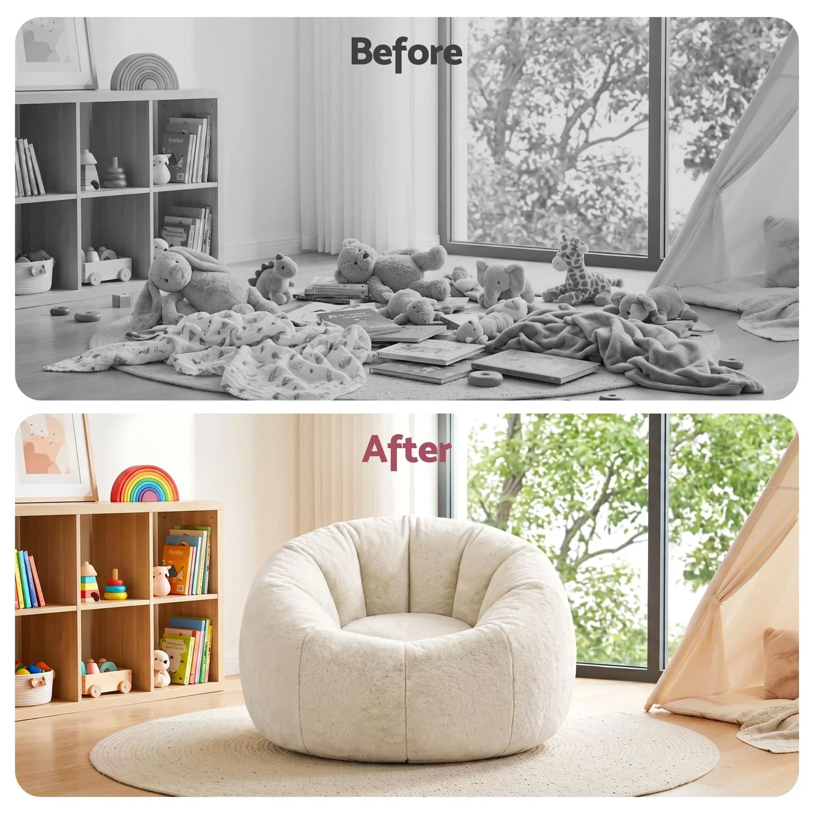 Faux Fur Bean Bag Cover – Large 107cm, Beige, Soft, Washable, No Filling