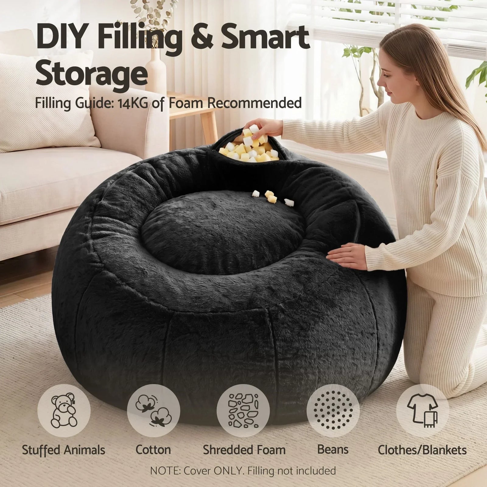 Faux Fur Bean Bag Cover – Large 107cm, Black, Soft, Washable, No Filling