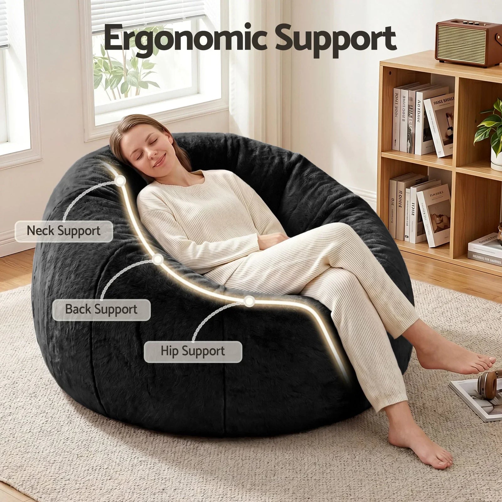 Faux Fur Bean Bag Cover – Large 107cm, Black, Soft, Washable, No Filling