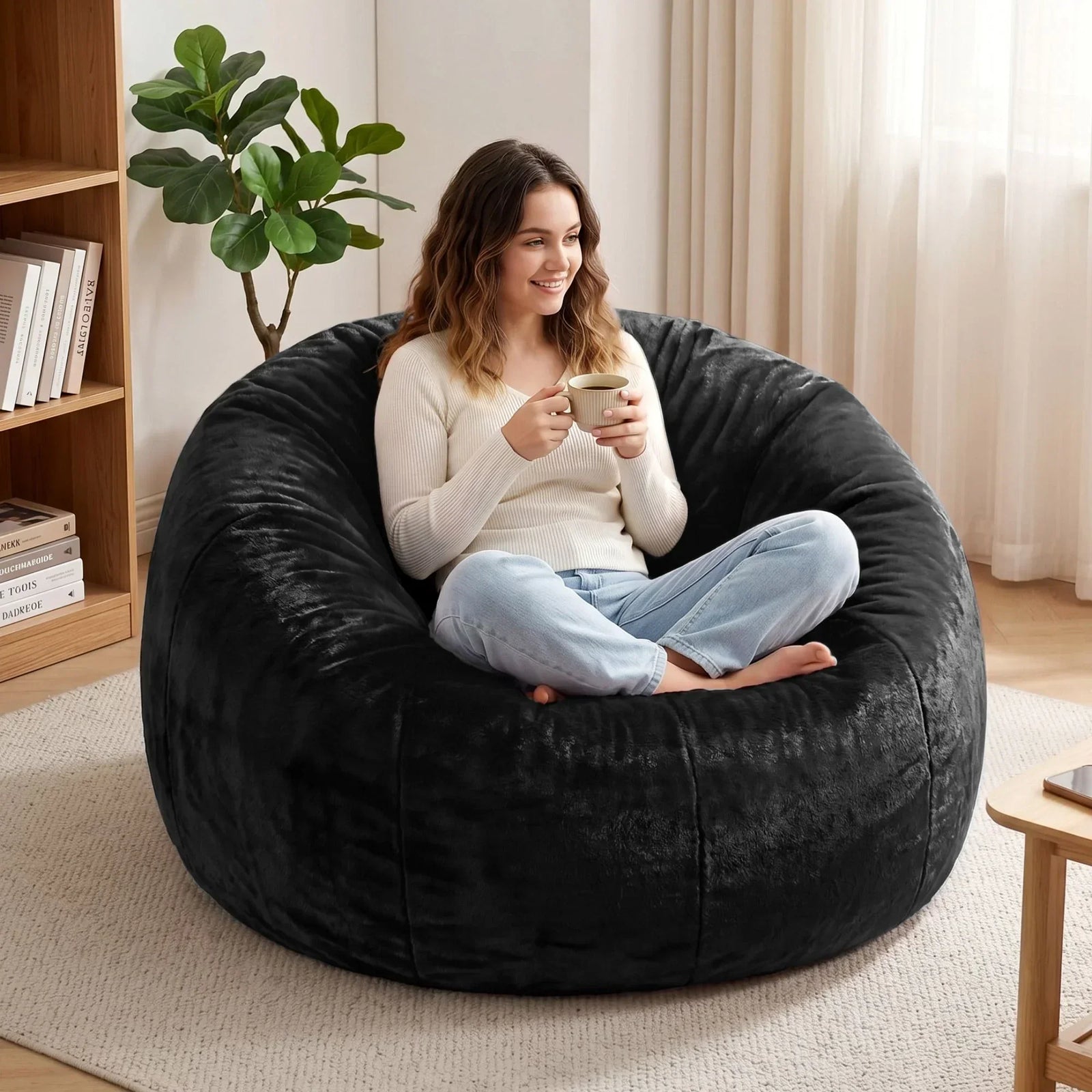Faux Fur Bean Bag Cover – Large 107cm, Black, Soft, Washable, No Filling