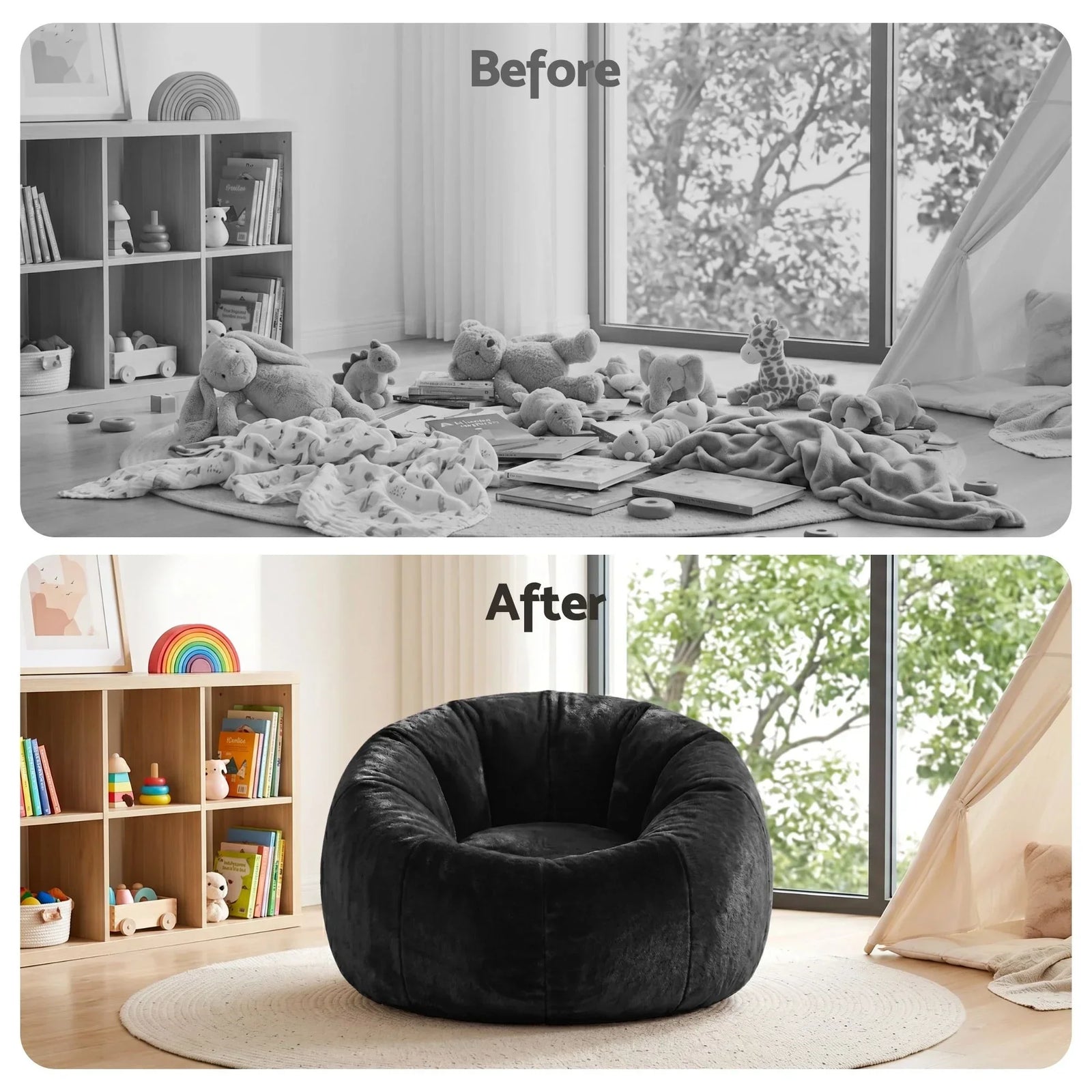 Faux Fur Bean Bag Cover – Large 107cm, Black, Soft, Washable, No Filling