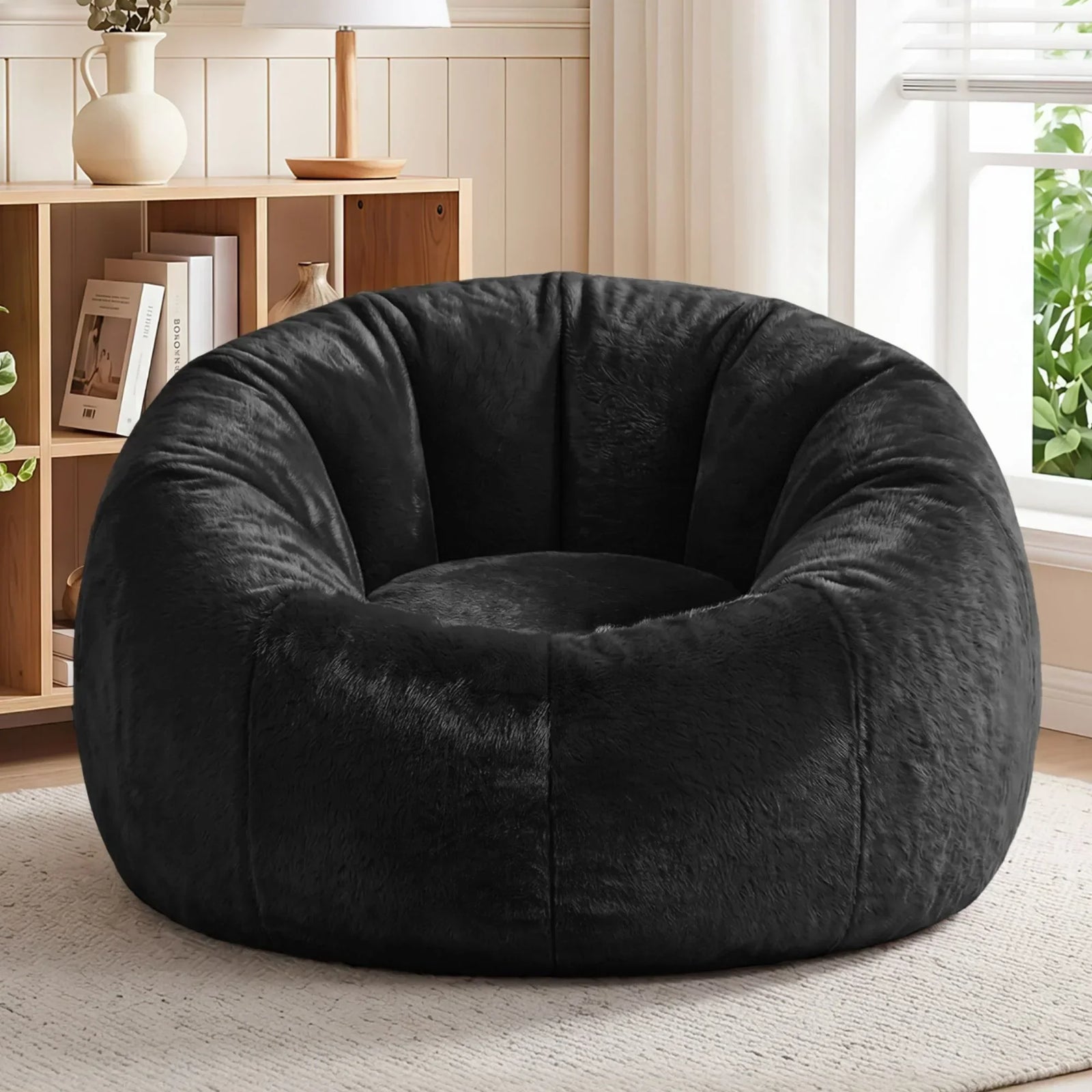 Faux Fur Bean Bag Cover – Large 107cm, Black, Soft, Washable, No Filling
