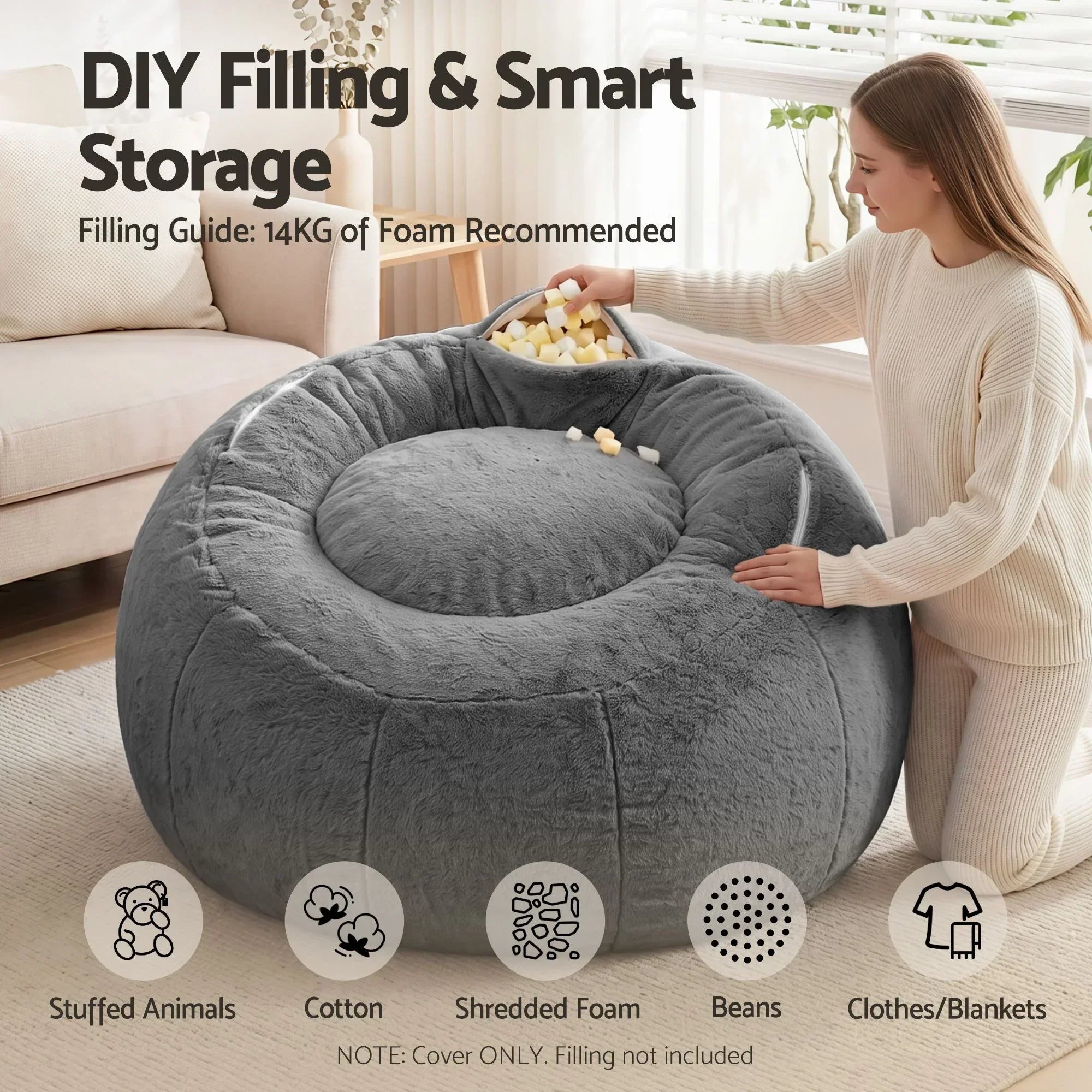 Faux Fur Bean Bag Cover – Large 107cm, Grey, Soft, Washable, No Filling