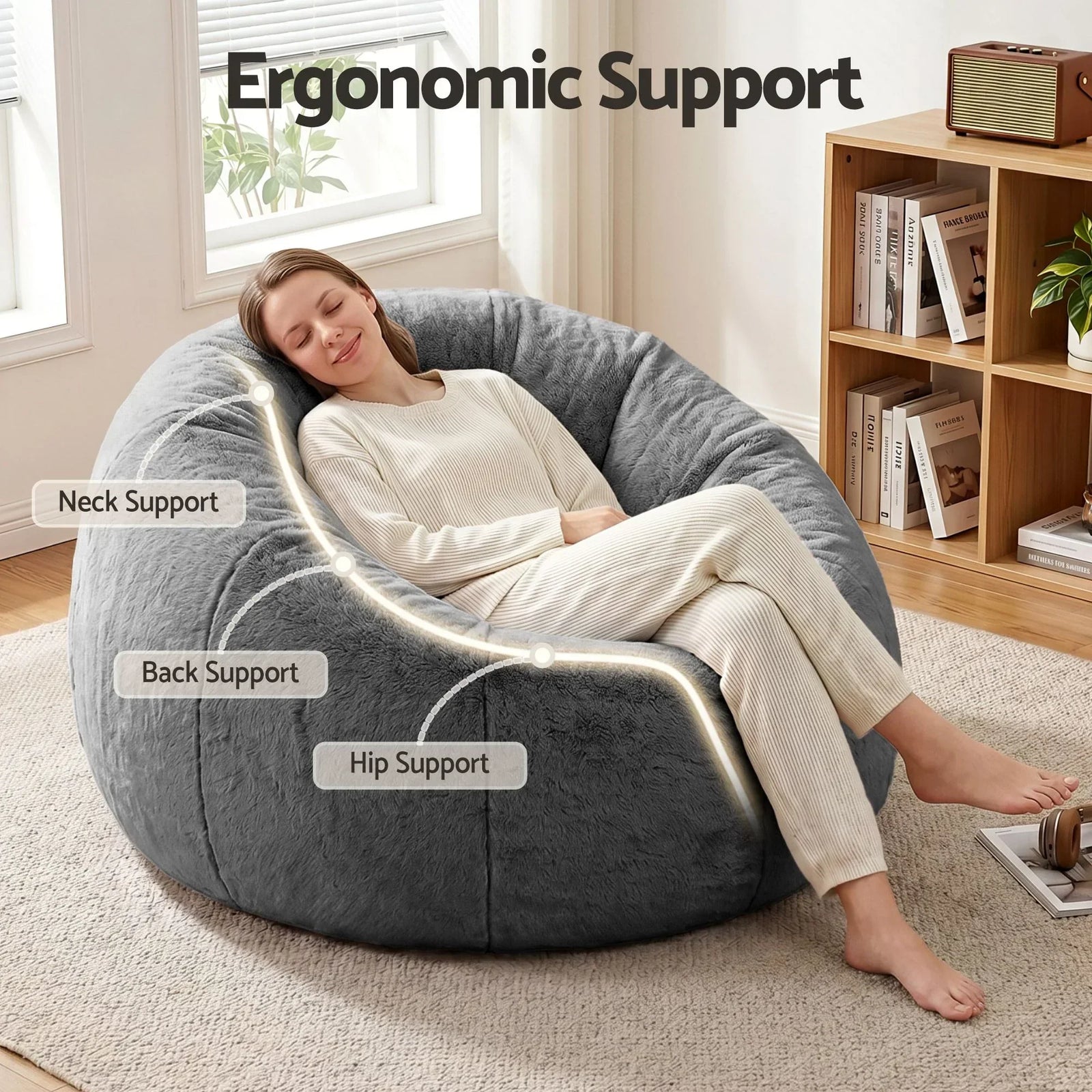 Faux Fur Bean Bag Cover – Large 107cm, Grey, Soft, Washable, No Filling