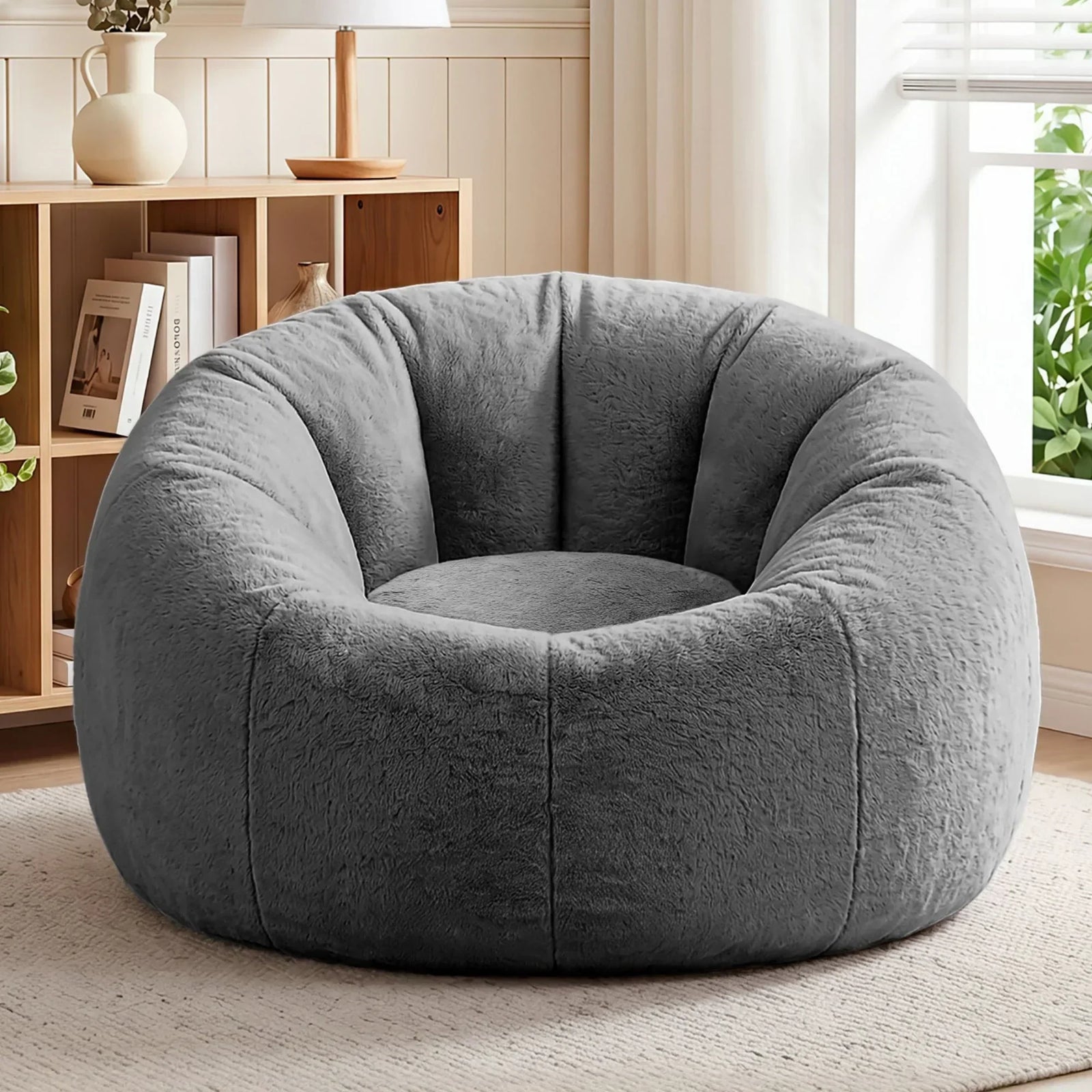 Faux Fur Bean Bag Cover – Large 107cm, Grey, Soft, Washable, No Filling