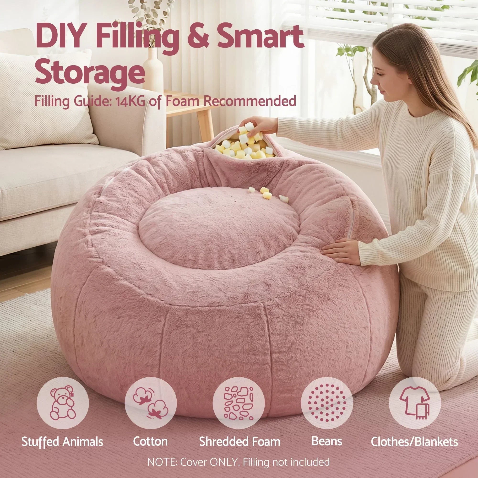 Faux Fur Bean Bag Cover – Large 107cm, Pink, Soft, Washable, No Filling