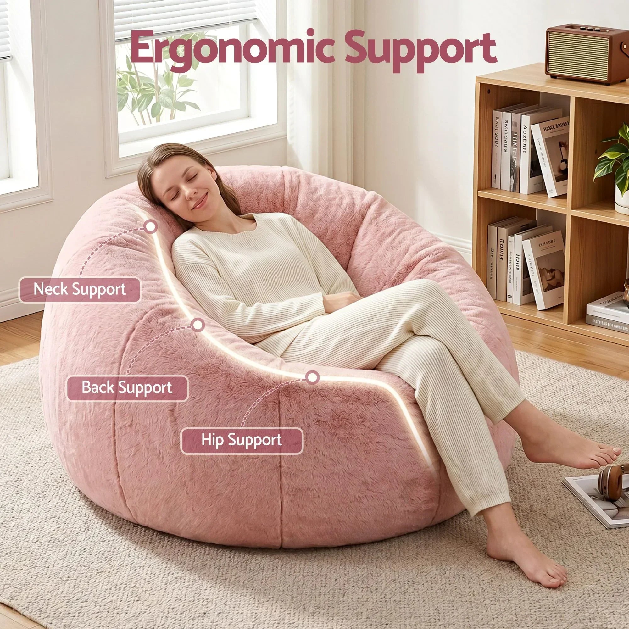 Faux Fur Bean Bag Cover – Large 107cm, Pink, Soft, Washable, No Filling