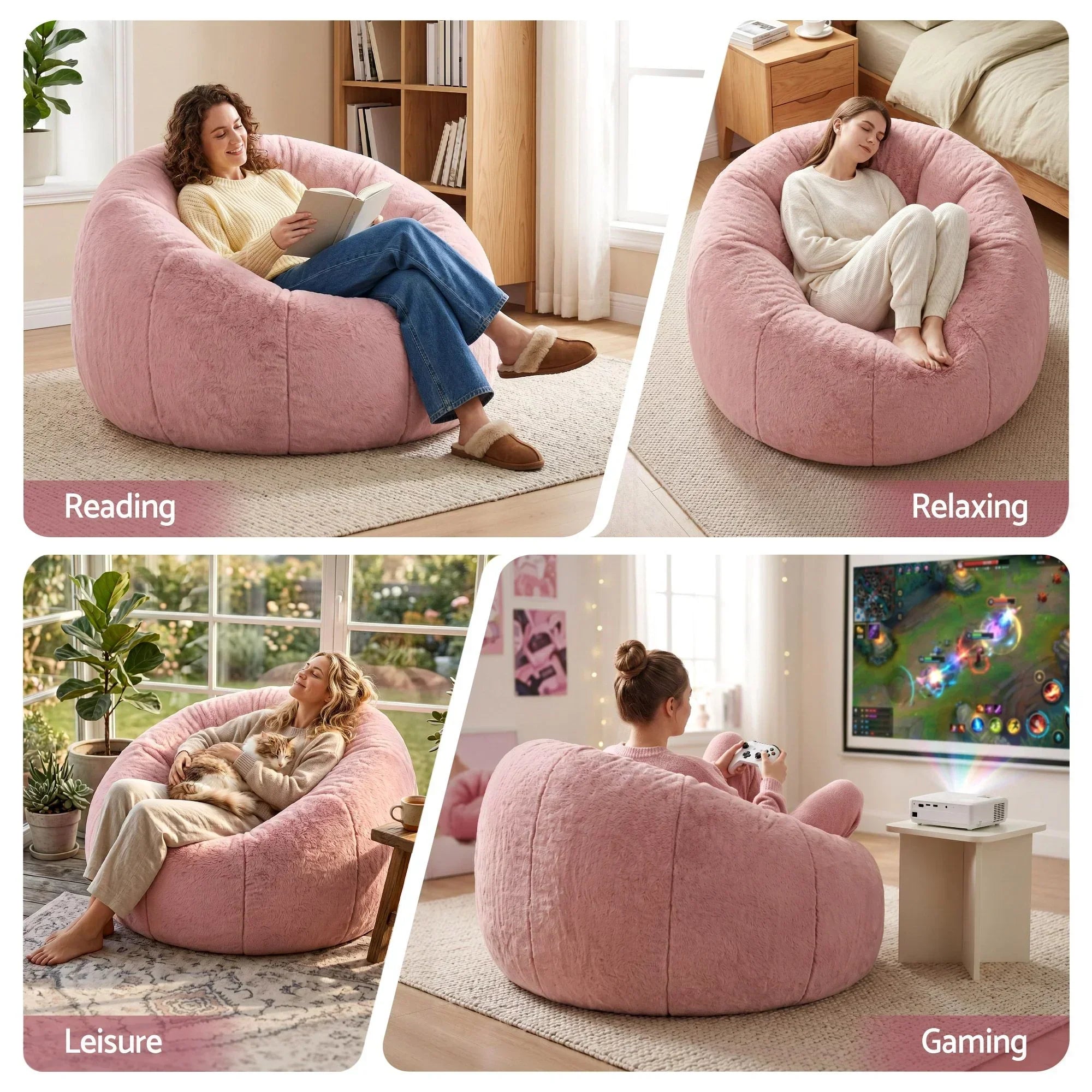 Faux Fur Bean Bag Cover – Large 107cm, Pink, Soft, Washable, No Filling